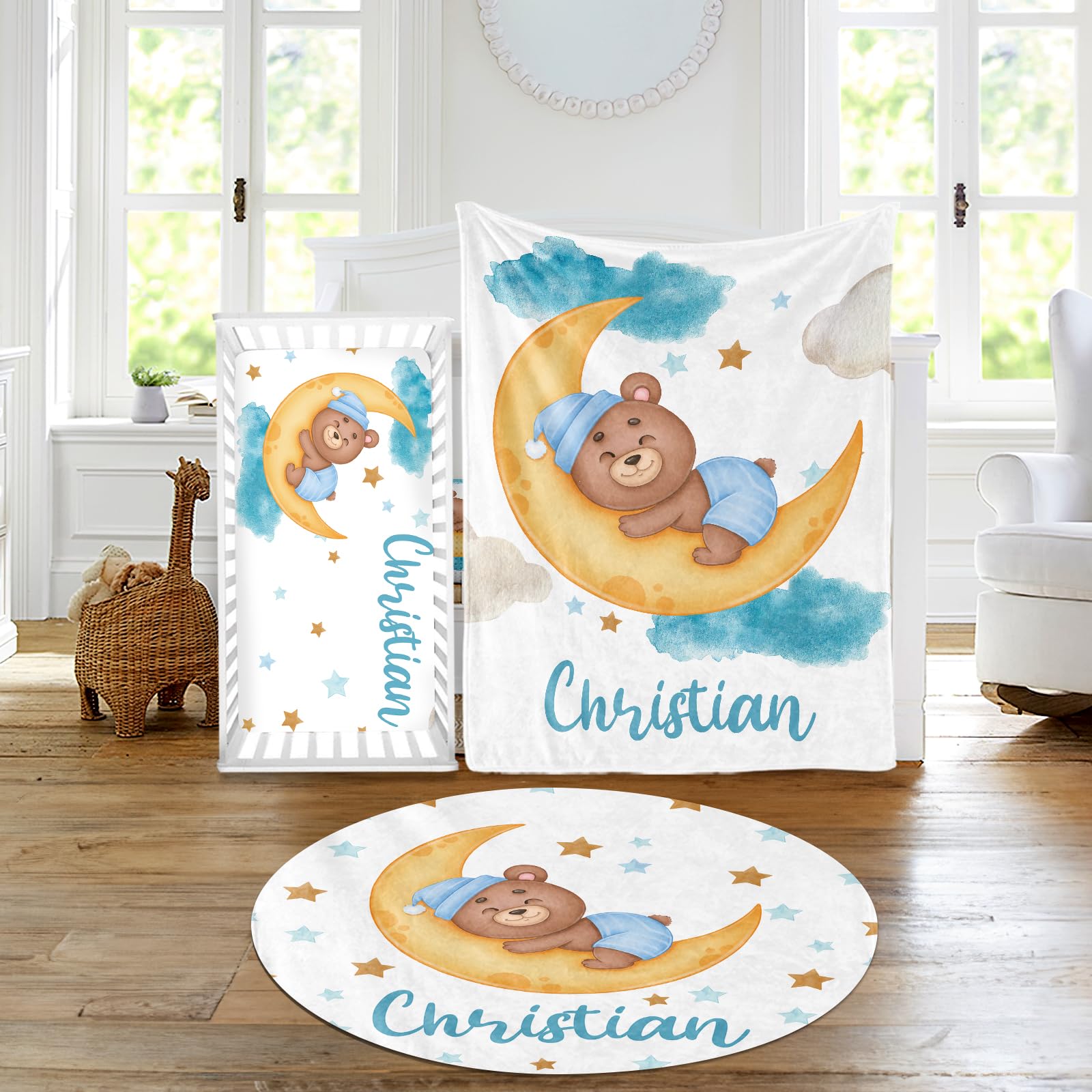 Custom Baby Crib Bedding Set with Moon Animal Design - Personalized Name Nursery Bed 3 Piece Set - Soft Blanket, Fitted Sheet & Play Mat for Newborn Boys Girls - Perfect Baby Shower Gift & Nursery Decor (Bear Theme) - Ideal for Cozy Naps, Playtime & Photo Shoots