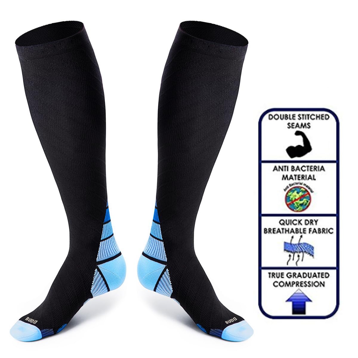 BUDD Unisex Compression Socks for Women & Men - 360 Relief, Functional & Comfortable - Ideal for Travel, Running, Flying & Medical Use - Size L - Perfect for Long Flights, Workouts & Varicose Vein Support
