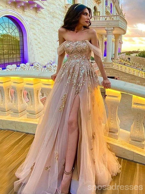 Elegant Pink A-Line Off-Shoulder Side Slit Long Prom Dress for Women - Perfect for Homecoming, Evening Gala & Formal Occasions