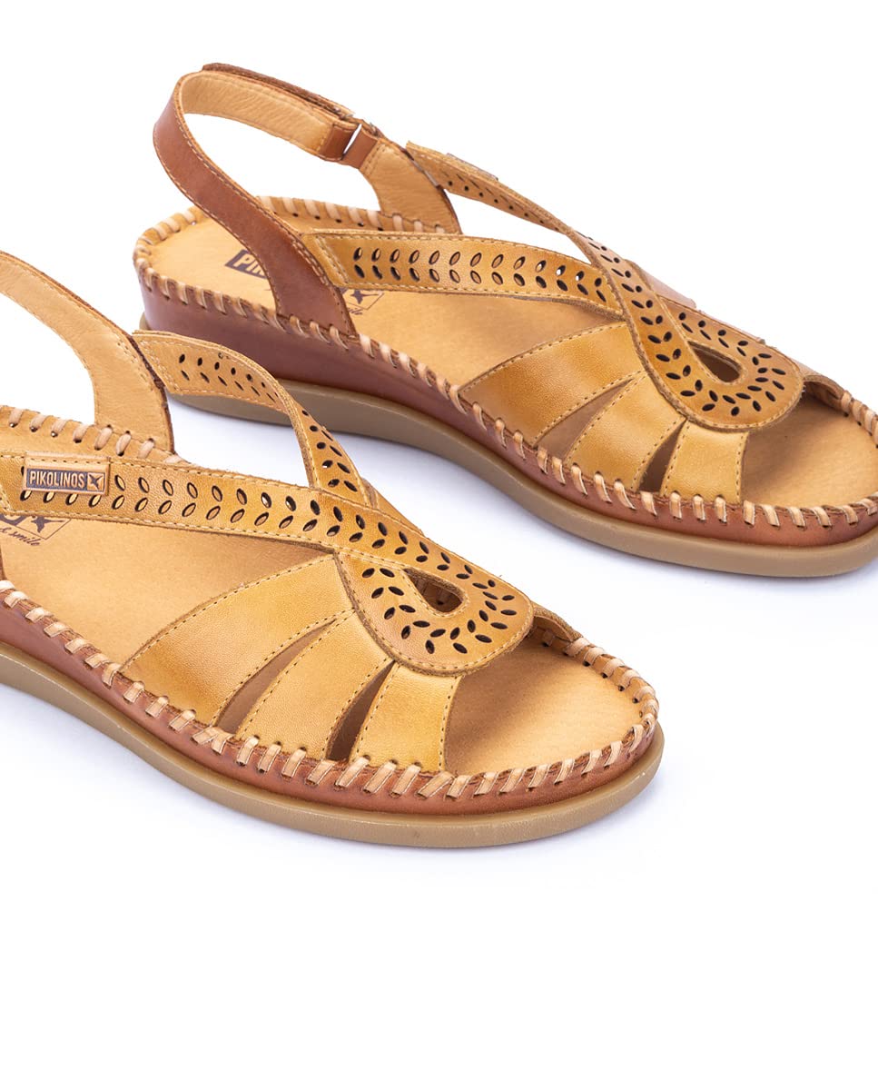 PIKOLINOS Women's Leather Wedge Sandals - Comfortable Honey Color Slip-On Shoes for Casual Wear, Beach & Summer Outfits