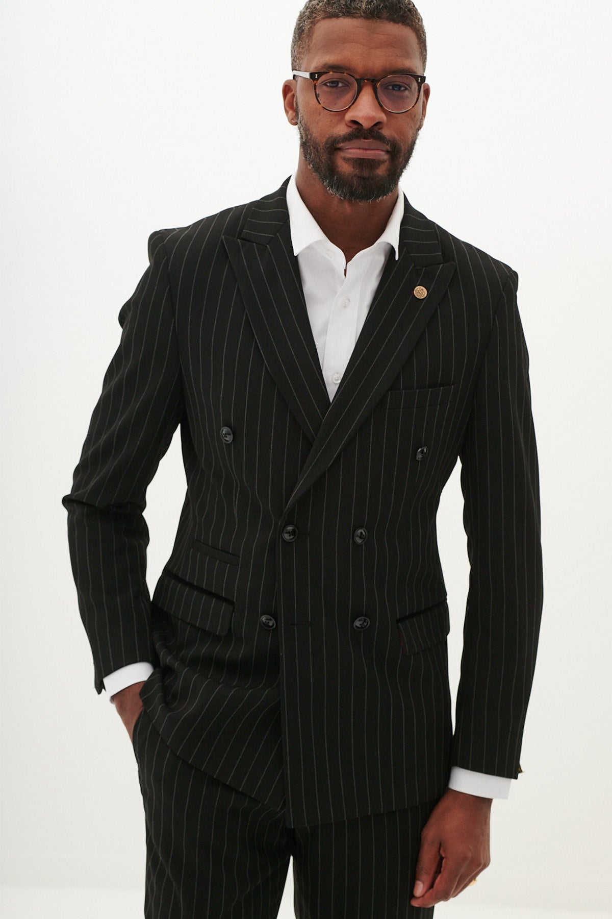 ROCCO Black Pinstripe Double Breasted Two Piece Suit for Men - Formal Business Attire & Wedding Outfit - Perfect for Office Meetings, Job Interviews and Special Occasions