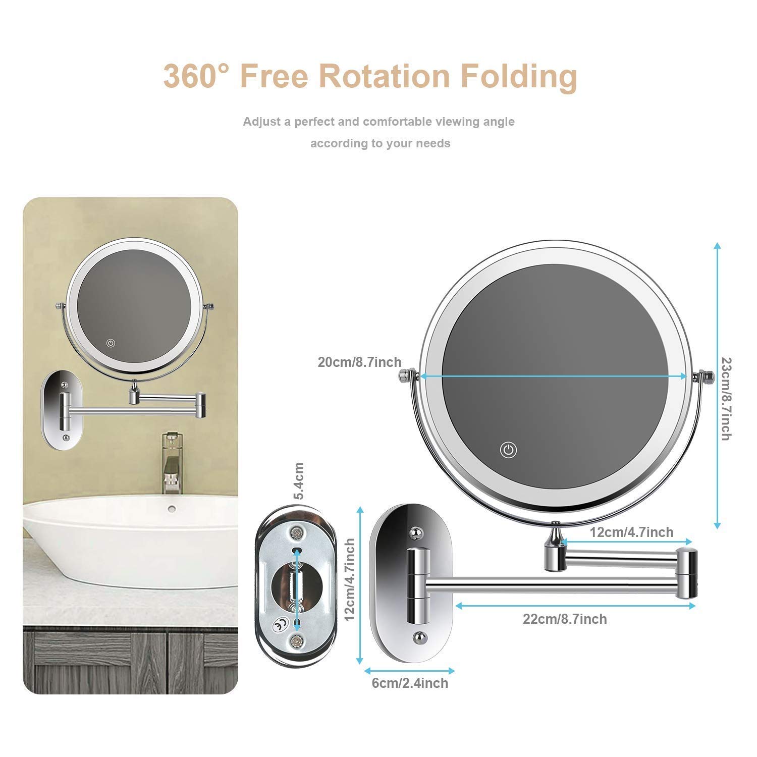 10x Magnifying Wall Mounted Makeup Mirror with LED Lights - 360° Swivel & Extendable Brushed Nickel Bathroom Vanity Mirror - Touch Control & USB Charging (8 Inch, Black) - Perfect for Makeup Application, Shaving, and Skincare Routines