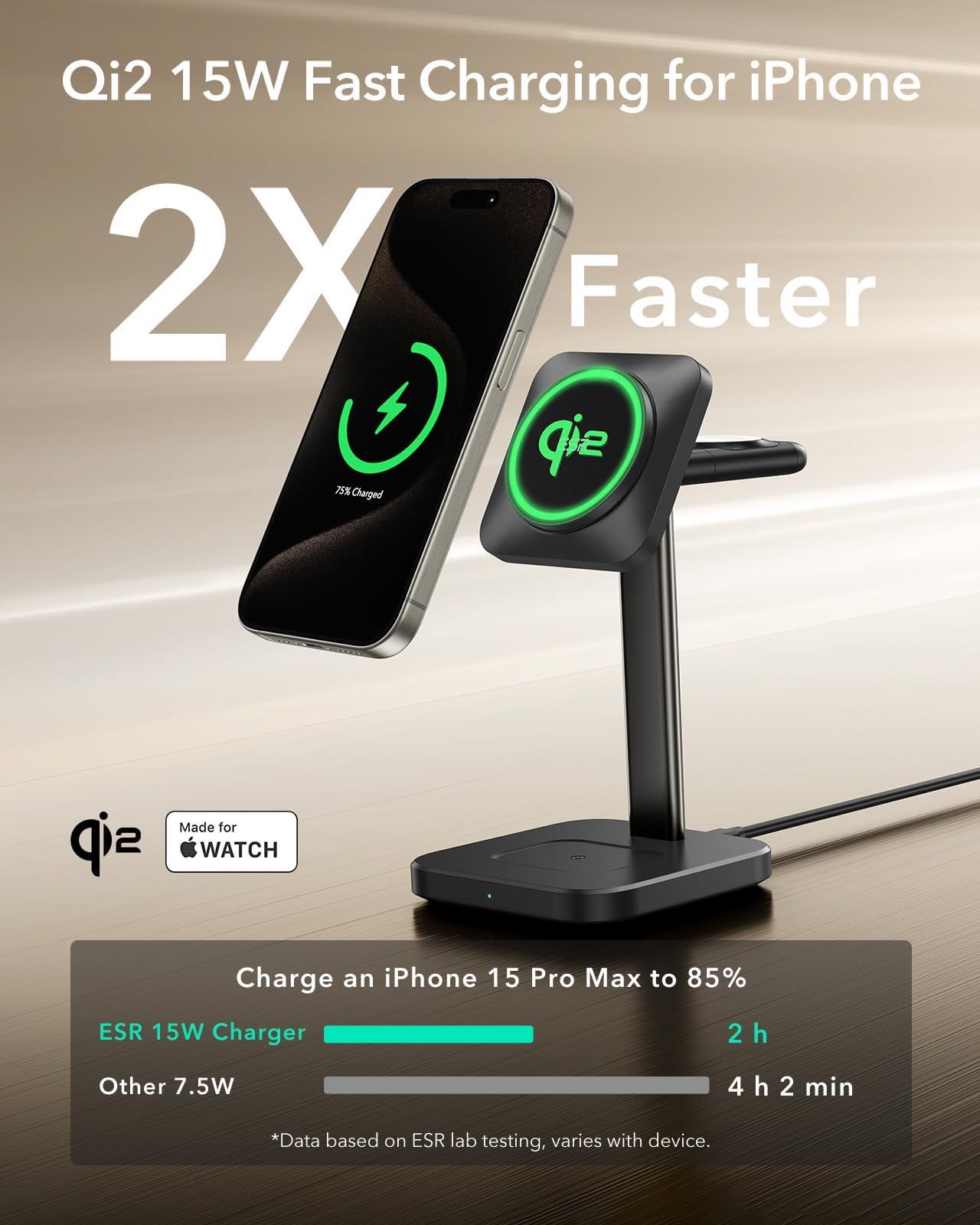 ESR Qi2 Certified 3-in-1 Wireless Charging Station - 15W MagSafe Charger Stand for iPhone 16/15/14/13, Apple Watch Charger & AirPods 4/3 - Fast Wireless Charger for Multiple Devices (Black) | Perfect for Home, Office & Travel Charging