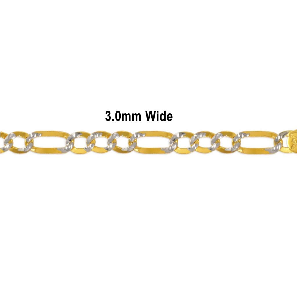 14K Gold Figaro Chain Necklace - Italian Ultralight White Pave Link Jewelry for Women & Men - Strong Shiny Flawless Gift (16-26 Inch Length, 3.0-9.0mm Width) - Perfect for Everyday Wear, Special Occasions & Gifting
