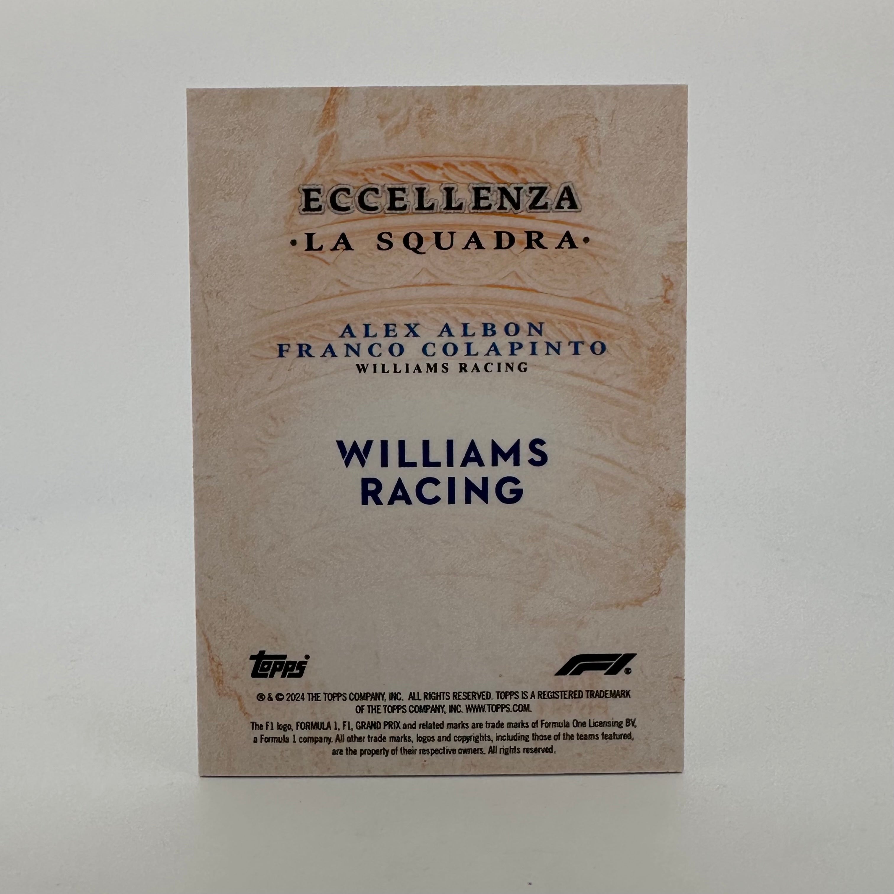 2024 Topps Eccellenza F1 La Squadra Orange Racing Cards - Alex Albon & Franco Colapinto 4/5 - Collectible Formula 1 Memorabilia for Fans and Card Collectors - Perfect for Display, Trading, and Gifting