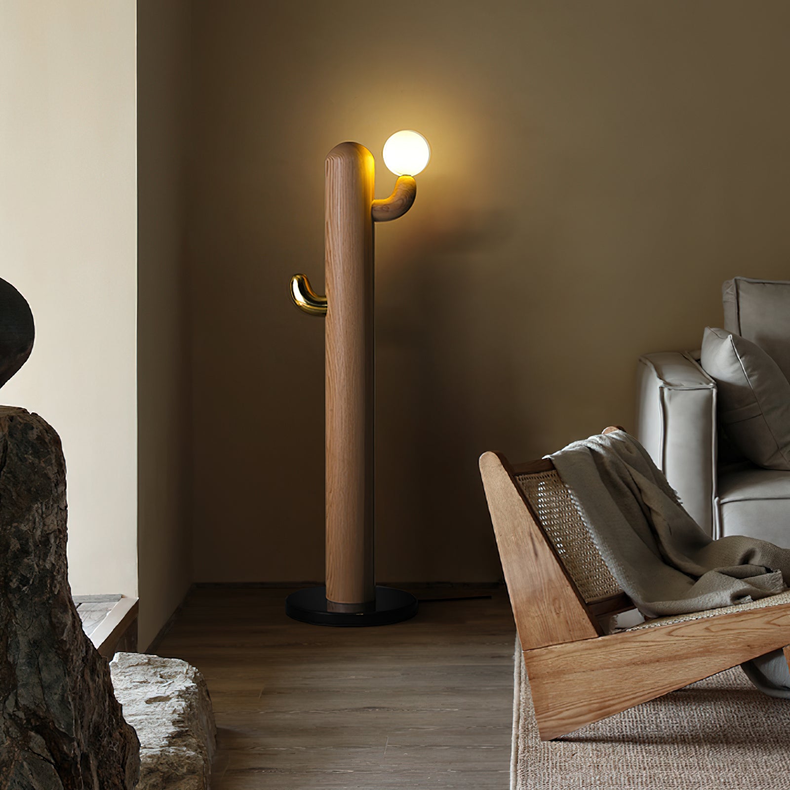 Modern Cactus Wood Floor Lamp - Handcrafted Natural Wood Standing Light for Living Room, Bedroom & Office - Warm Ambient Lighting for Home Decor