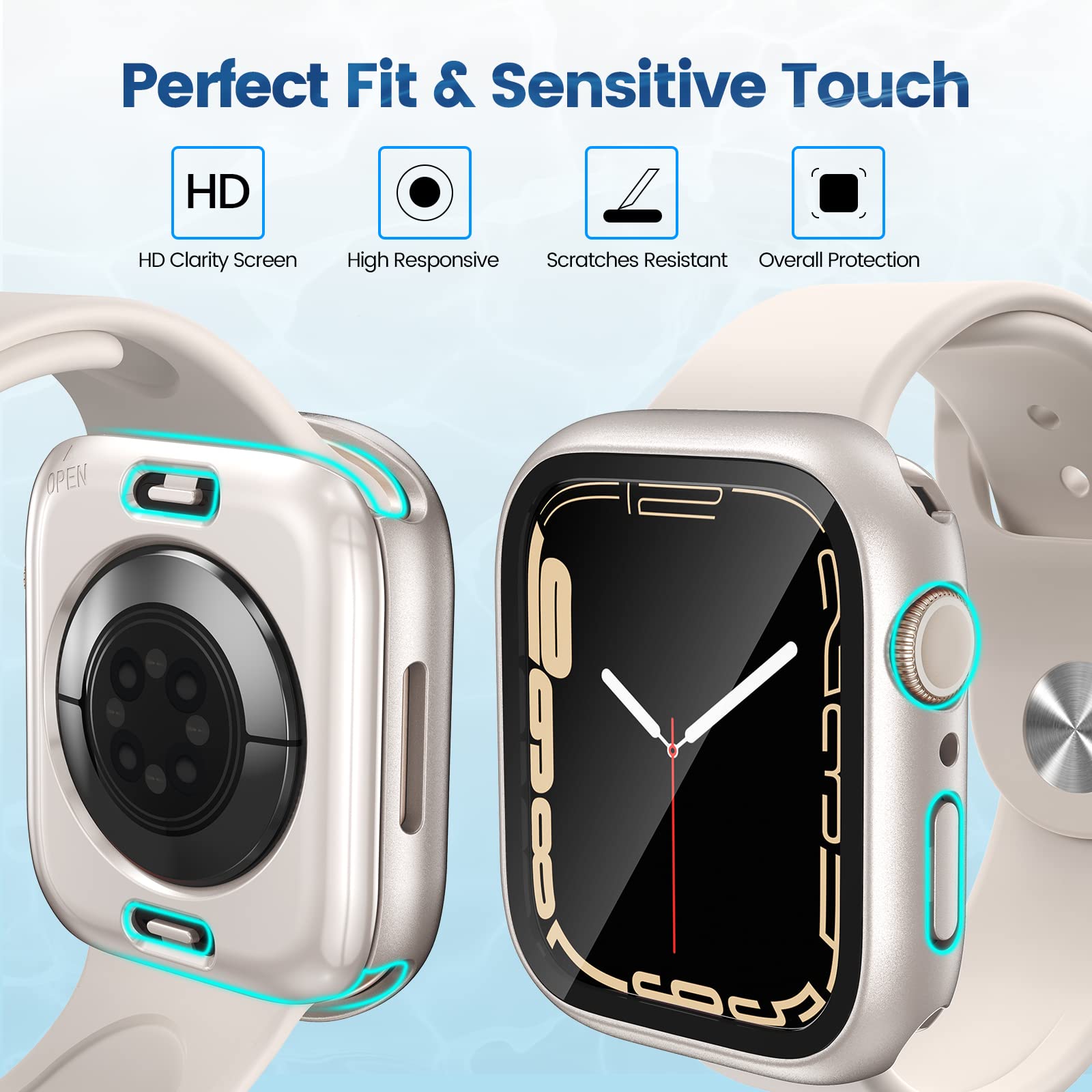 2 Pack Waterproof Case for Apple Watch Series 9/8/7 (41mm) - Tempered Glass Screen Protector with 360° Protective PC Cover & Front/Back Bumper - Perfect for Swimming, Sports & Outdoor Activities (Starlight)