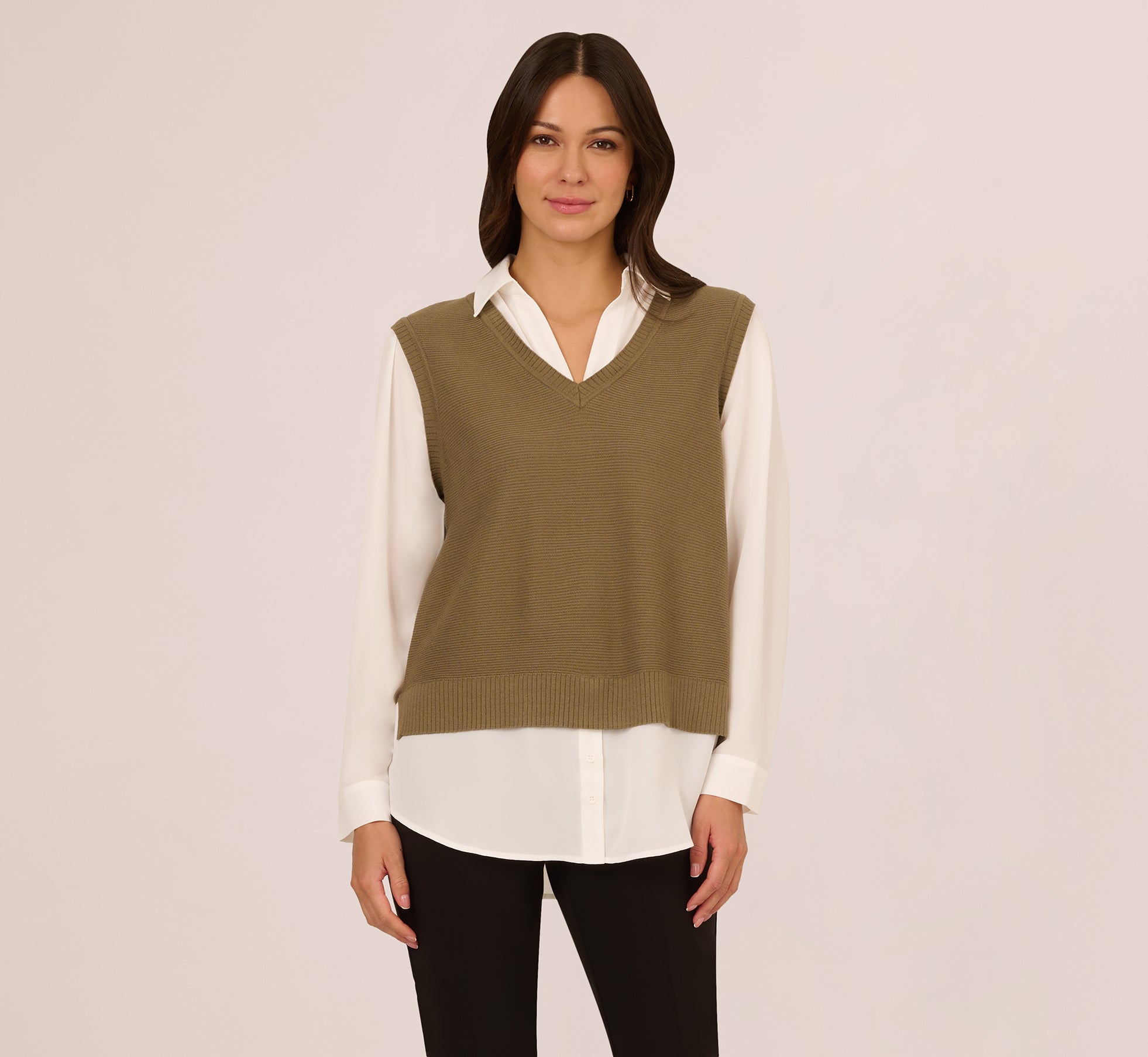 Stylish Collared Sweater Vest & Shirt Set in Smokey Olive & Ivory | Men's Casual Layered Outfit for Office, Date Night & Fall Fashion