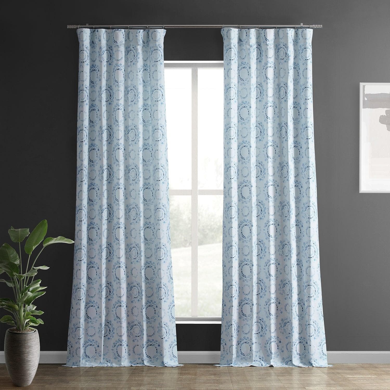 Light Blue Abstract Textured Printed Cotton Curtains - Modern Droplets Design Window Drapes for Living Room & Bedroom Decor