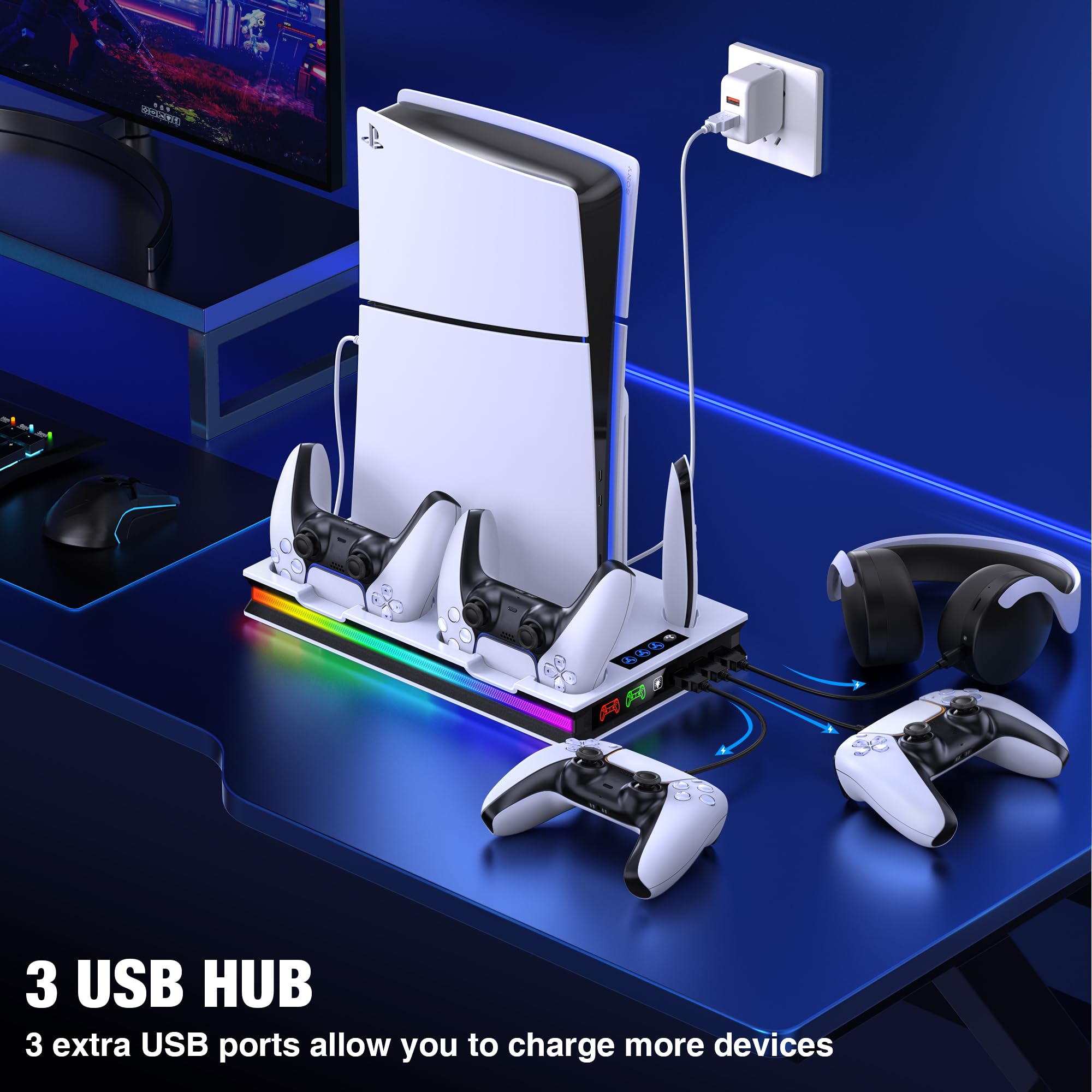 PS5 Stand with LED Light for PS5 Slim - 3-Speed Cooling Fan, Dual Controller Charger, Headset Hook & 4 USB-C Ports - Gaming Accessories for PS5 Slim Disc & Digital Edition - Perfect for Gaming Setups & Entertainment Centers