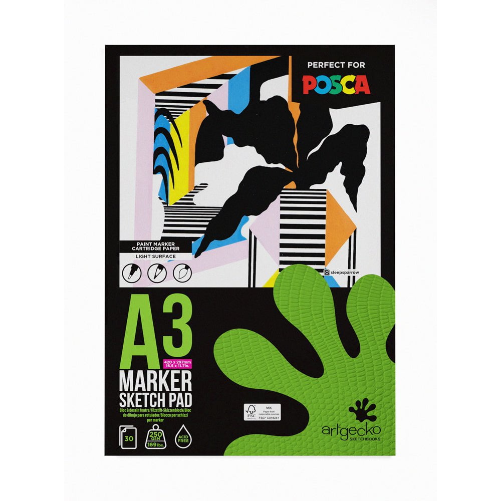 Artgecko Pro Marker Sketchpad - A3 Size, 30 Sheets, 250gsm Premium White Paper for Artists, Illustrators & Designers - Perfect for Sketching, Drawing & Marker Art Projects