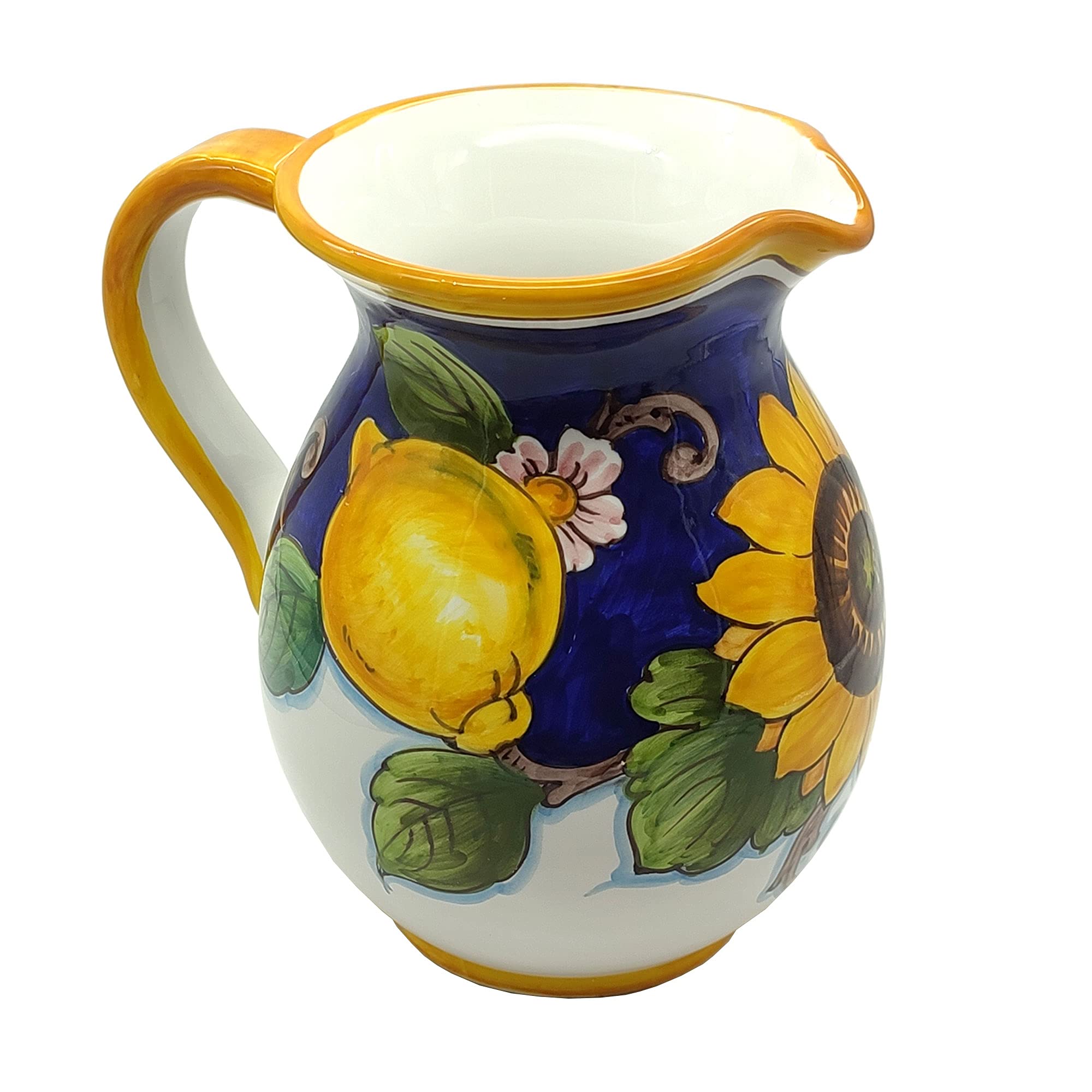 Italian Ceramic Pitcher with Lemon & Sunflower Design - 33 oz Hand-Painted Kitchen Carafe, Utensil Holder & Wine Vase - Authentic Tuscan Pottery from Italy - Perfect for Farmhouse Decor, Dining Table Centerpiece & Gift Giving