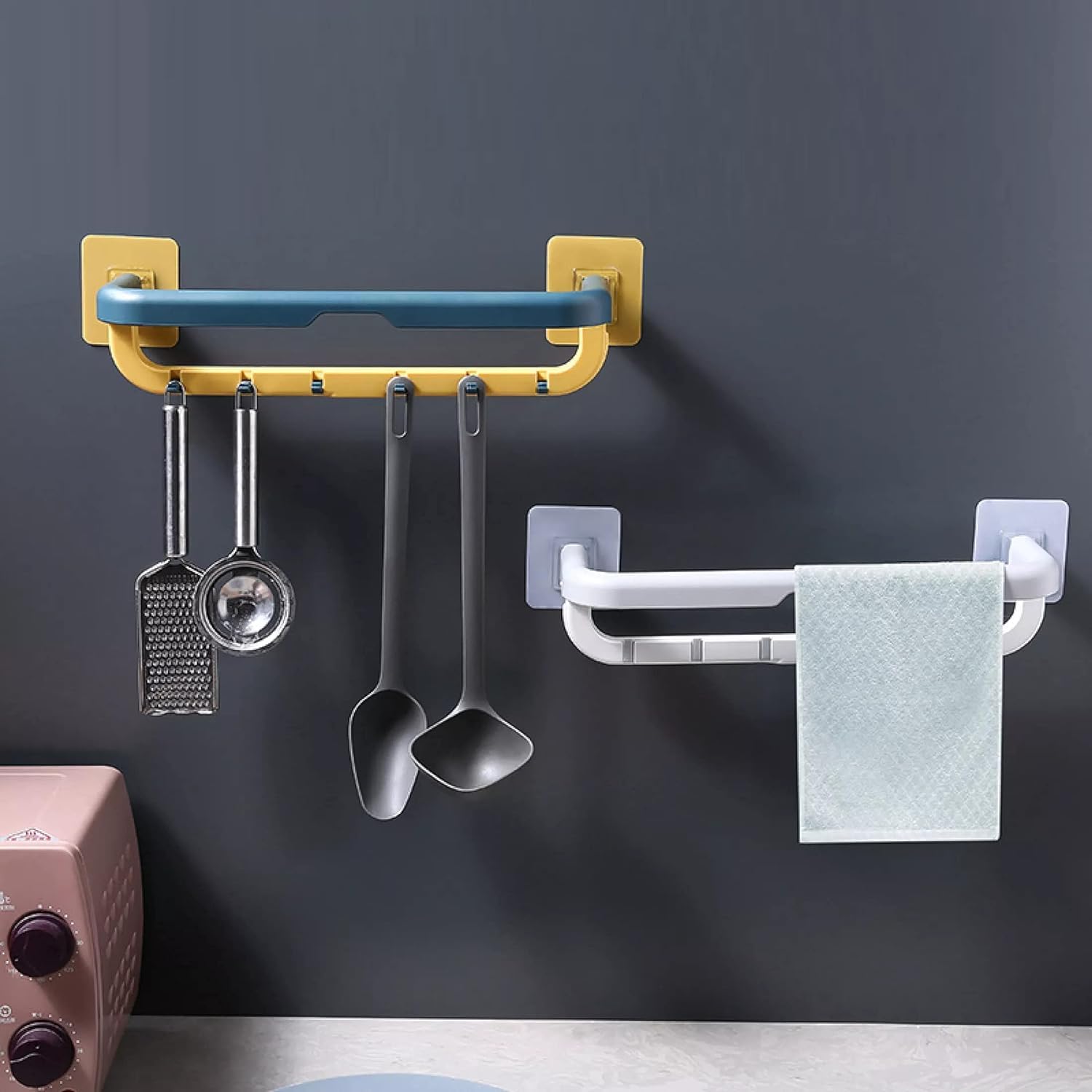 Adjustable Wall Mounted Double Bar Plastic Towel Rack with Hooks - Space Saving Folding Towel Holder for Kitchen, Bathroom & Laundry Room - Multifunctional Storage Shelf (Random Color) | Perfect for Small Spaces, Apartments & RVs