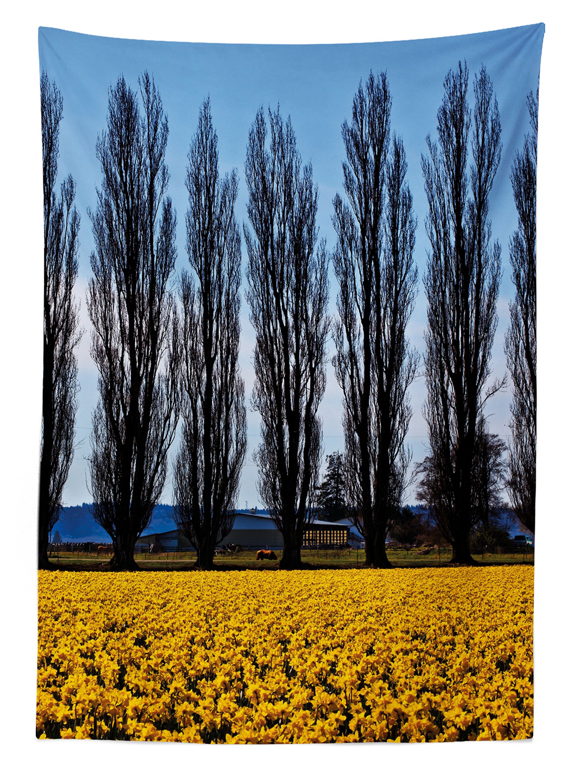 Ambesonne Waterproof Outdoor Tablecloth - Daffodil Field Photography Print, Washable Picnic Table Cover 58x84 Inches, Mustard Blue - Perfect for Garden Parties, BBQs, and Outdoor Dining