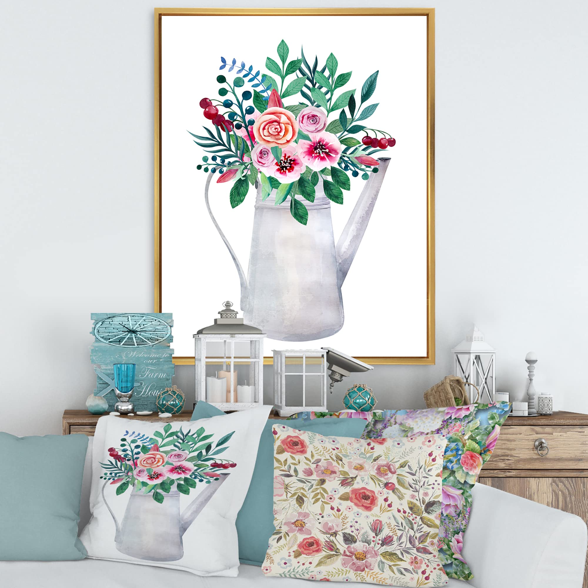 DesignQ Floral Bouquet in Rustic Flower Pot - Traditional Framed Canvas Wall Art Print for Home Decor, Living Room, Bedroom & Office