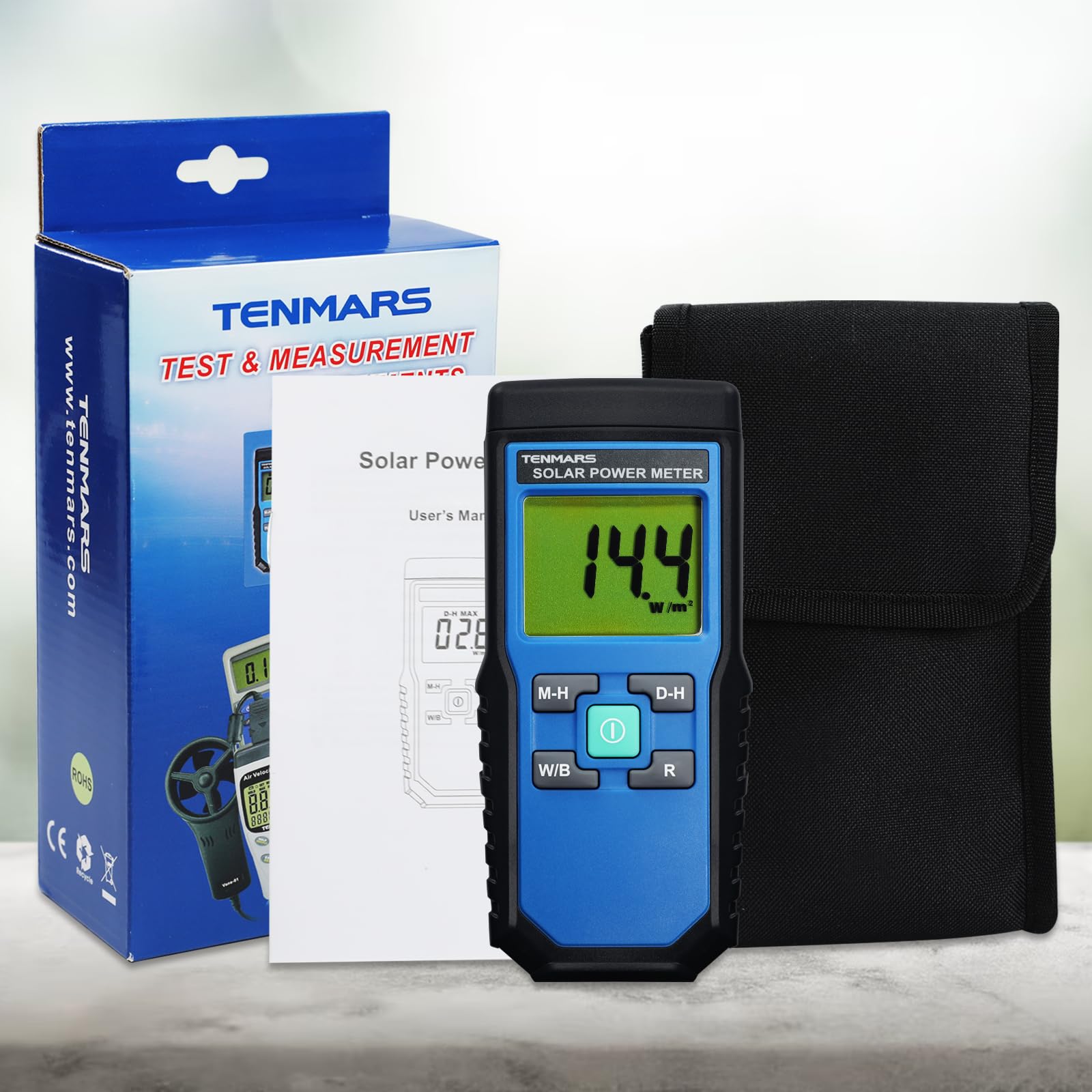 Solar Power Meter - Handheld Digital Solar Irradiance Meter with 2000W/m² & 634BTU/(ft²·h) Range, MAX/MIN/Data Hold - Perfect for Solar Panel Testing, Renewable Energy Research & Sunlight Measurement