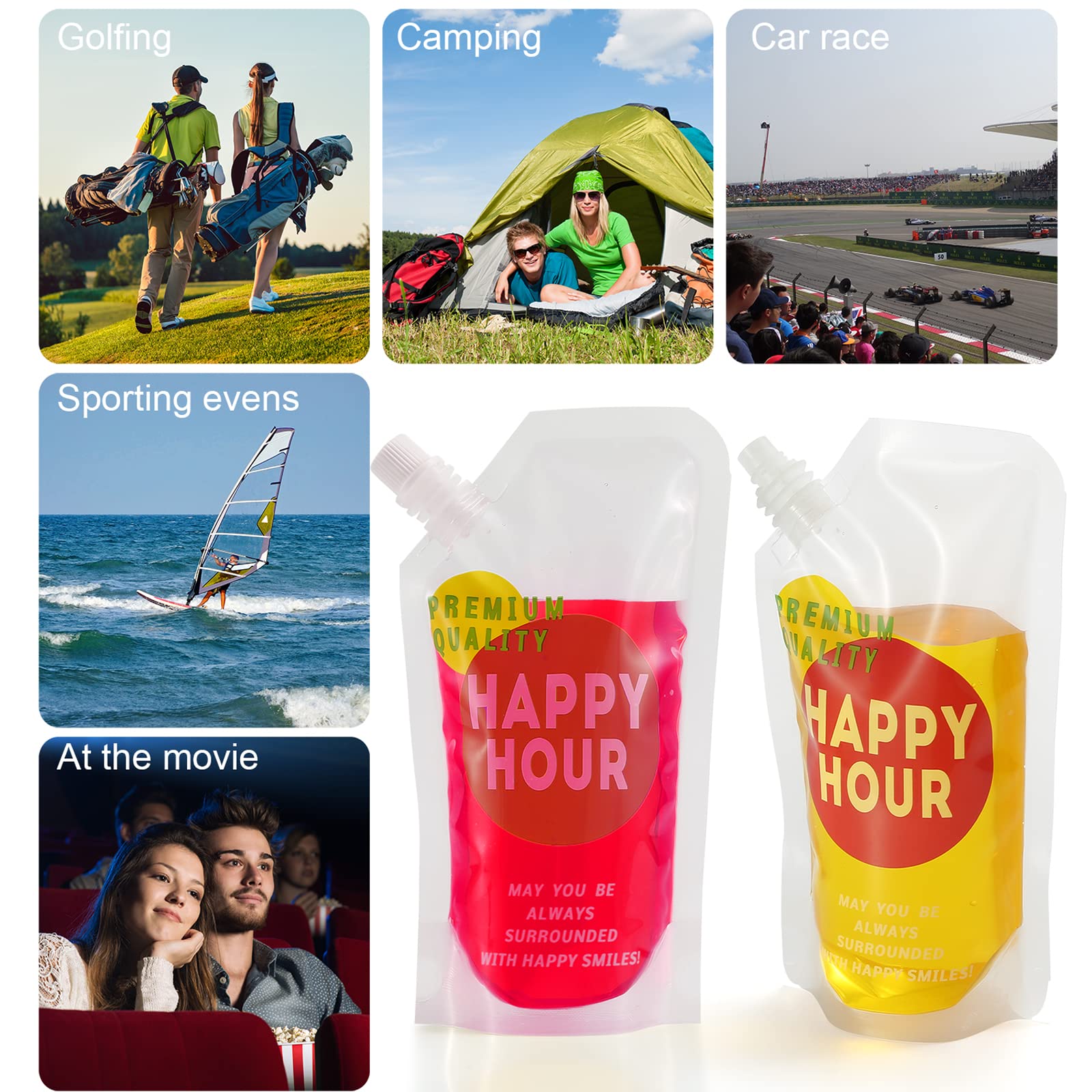 6 Pack Reusable Plastic Drink Pouches for Adults - 16 oz Leak-Proof Flask with Funnel - Perfect for Outdoor Sports, Camping & Travel Hydration