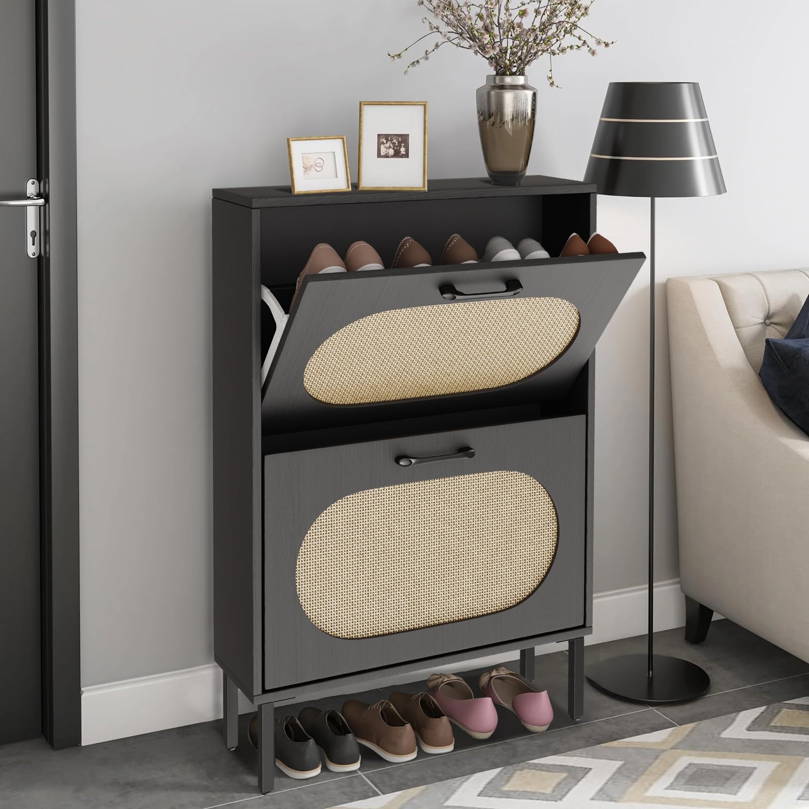 SUNCROWN Freestanding Shoe Storage Cabinet with 2 Flip Drawers - Narrow Entryway Shoe Rack Organizer with Natural Rattan Doors & Adjustable Shelves (Black) - Perfect for Small Spaces, Closet Organization & Entryway Decor