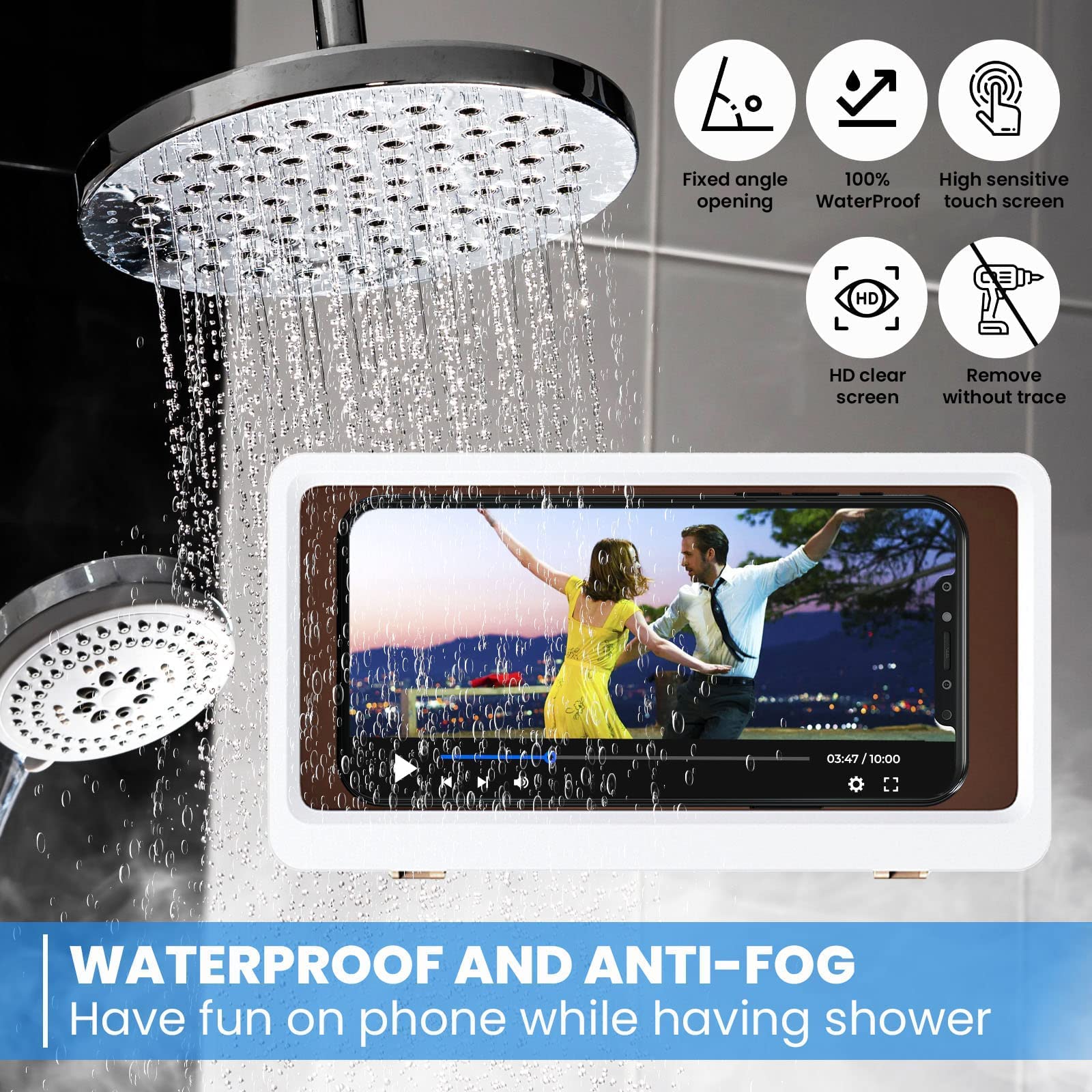 Waterproof Phone Holder Wall Mount - Universal Bathroom & Shower Phone Stand with Strong Adhesive, White - Perfect for Hands-Free Use in Bathroom, Kitchen, or Car