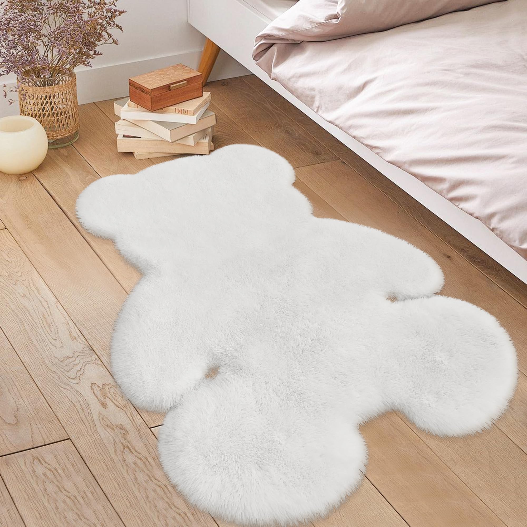 3x3.9ft White Small Bear Shaggy Rug - Ultra Soft Fluffy Faux Sheepskin Fur Area Rug for Nursery, Kids Room & Girls Bedroom Decor | Cozy Plush Carpet for Living Room, Home Aesthetic & Play Areas | Perfect for Floor Seating, Photo Backdrops & Cozy Spaces