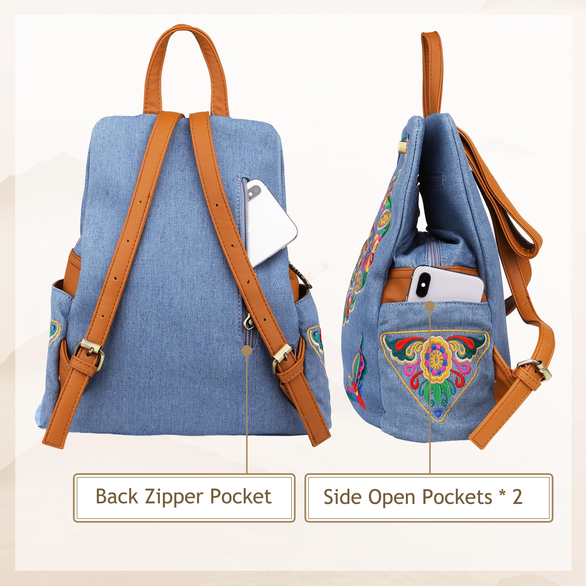 Jursccu Women's Denim Embroidered Floral Canvas Backpack - Anti-Theft Retro Jeans Travel Bag with Ethnic Style - Perfect for School, Work, Travel & Daily Use