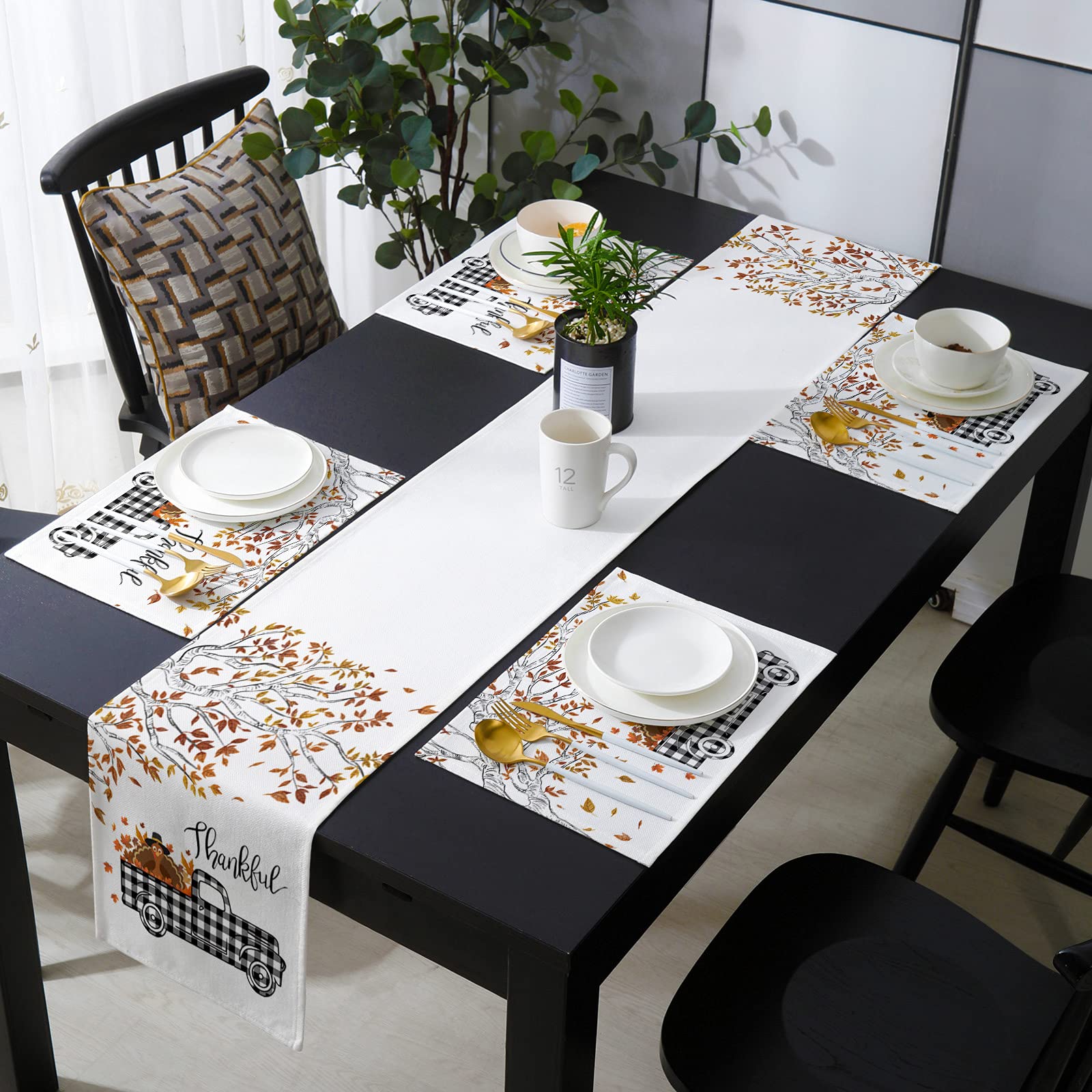 Savannan Burlap Placemat Set - 6pcs Thanksgiving Table Mats & 1 Black Plaid Table Runner, Fall Decor with Turkey & Maple Leaves Design for Holiday Party, Dinner, and Home Decor