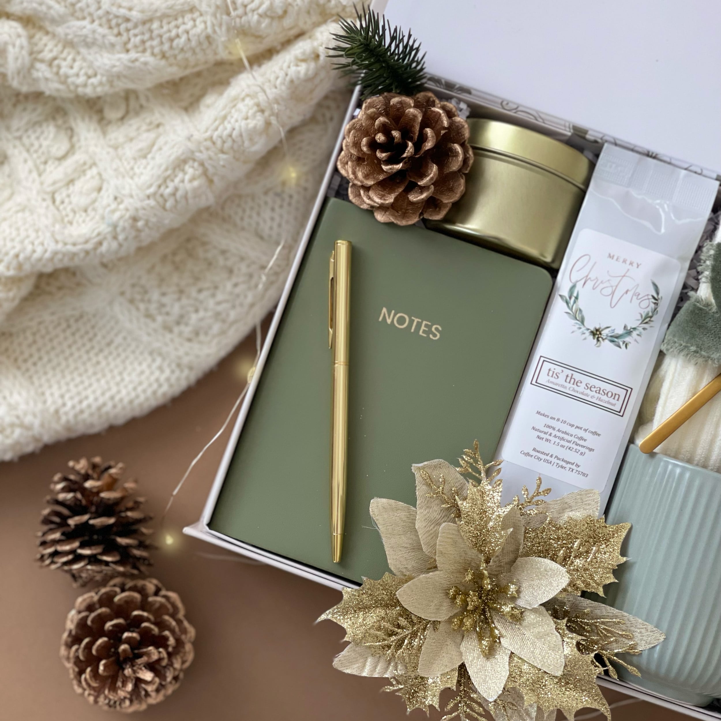 Christmas Hygge Gift Basket Set - Notebook, Scented Candle, Premium Coffee & Cozy Socks - Perfect for Holiday Gifting, Self-Care & Cozy Winter Nights