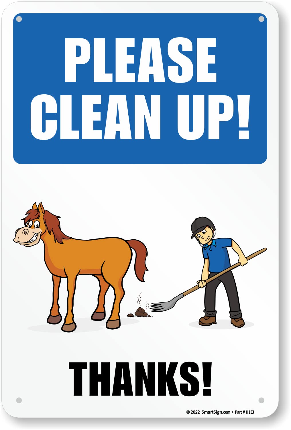 SmartSign 18 x 12 Inch Rustproof Aluminum Horse Poop Clean Up Sign - 'Please Clean Up - Thanks' with Horse Graphic, 63 mil Laminated, Multicolor, Made in USA - Perfect for Equestrian Centers, Horse Stables, and Riding Trails