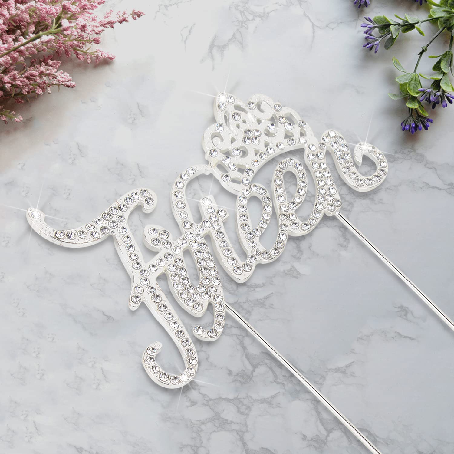 LINGTEER 15th Birthday Cake Topper with Crown - Silver Bling Crystal Rhinestone Decor | Happy Fifteenth Birthday Party Supplies | Perfect for Sweet 16, Quinceañera & Milestone Celebrations