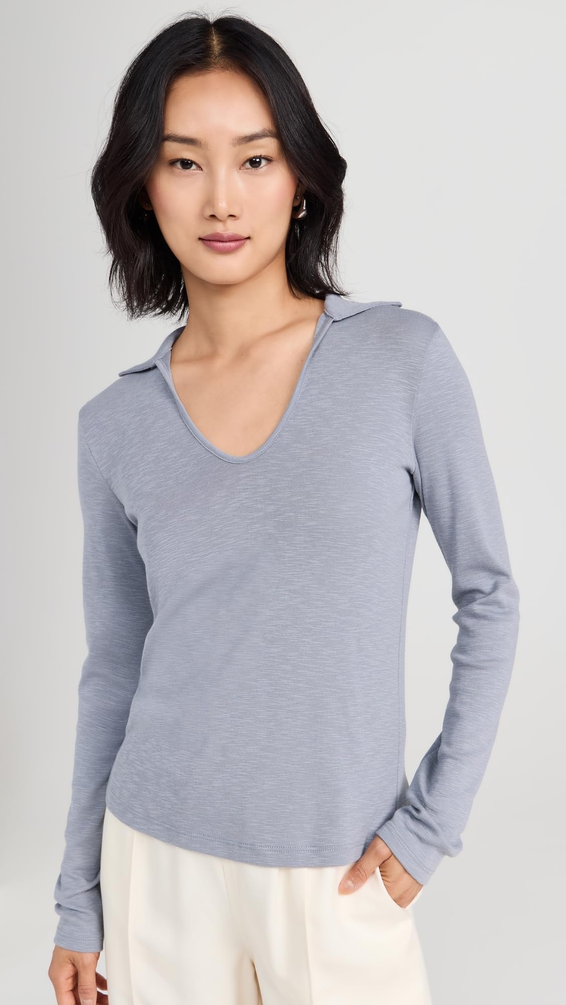 Vince Women's Long Sleeve Open Neck Polo Shirt - Soft Cotton Casual Top for Work & Everyday Wear | Perfect for Office, Business Casual & Weekend Outfits