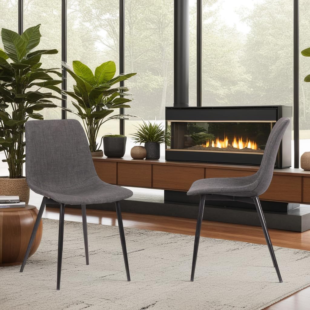 Armen Living Monte Mid Century Modern Dining Chair - Charcoal Gray Fabric Upholstery with Black Metal Legs - Perfect for Kitchen, Dining Table, Home Office Desk & Vanity Areas