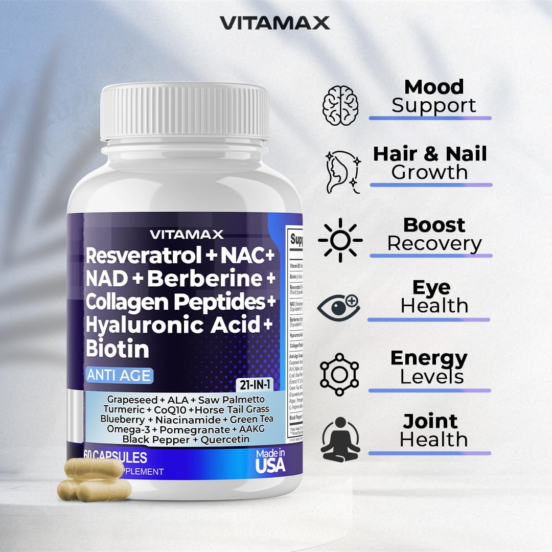 Premium Resveratrol NAD+ Berberine Supplement with Hyaluronic Acid, Biotin, Grape & Blueberry Extract + NAC - 21-in-1 Collagen Peptides Complex for Hair, Skin, Nail & Joint Support - Vegan Friendly Anti-Aging Formula for Women & Men - Made in USA (120 Capsules) - Perfect for Daily Wellness Routine & Active Lifestyle