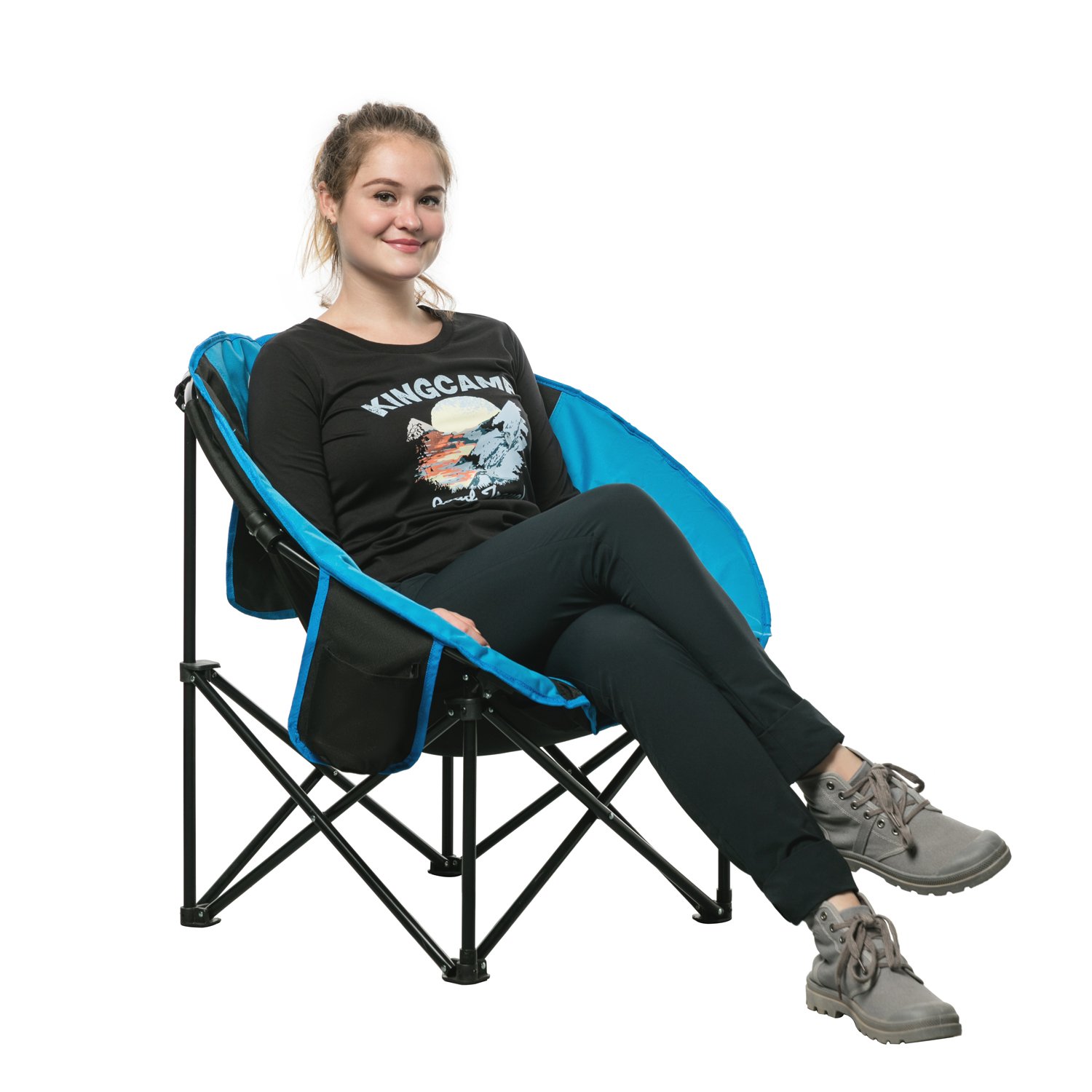 KingCamp Oversized Moon Chair for Adults - Heavy Duty 300lbs Capacity, Portable Folding Saucer Chair with Padded Seat, Cup Holder & Carry Bag (Blue, Green, Red) - Perfect for Camping, Backyard, Patio & Indoor Relaxation