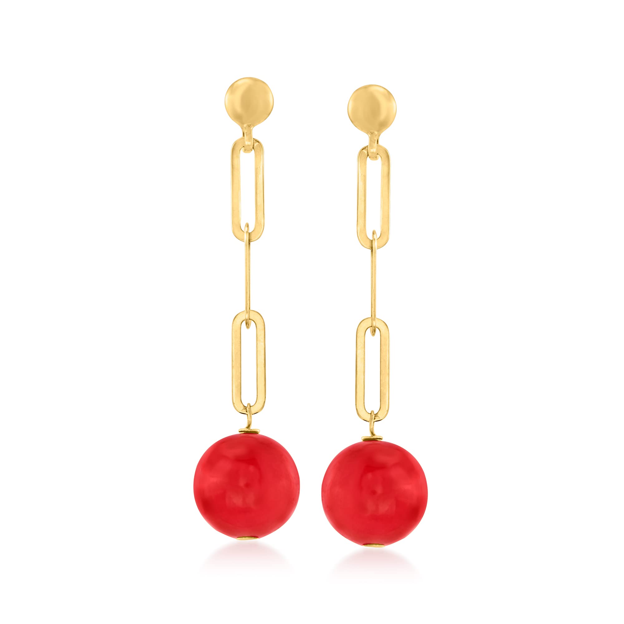 Ross-Simons 14kt Yellow Gold Red Coral Bead Drop Earrings - Elegant Paper Clip Link Design for Women, Perfect for Weddings, Parties & Special Occasions
