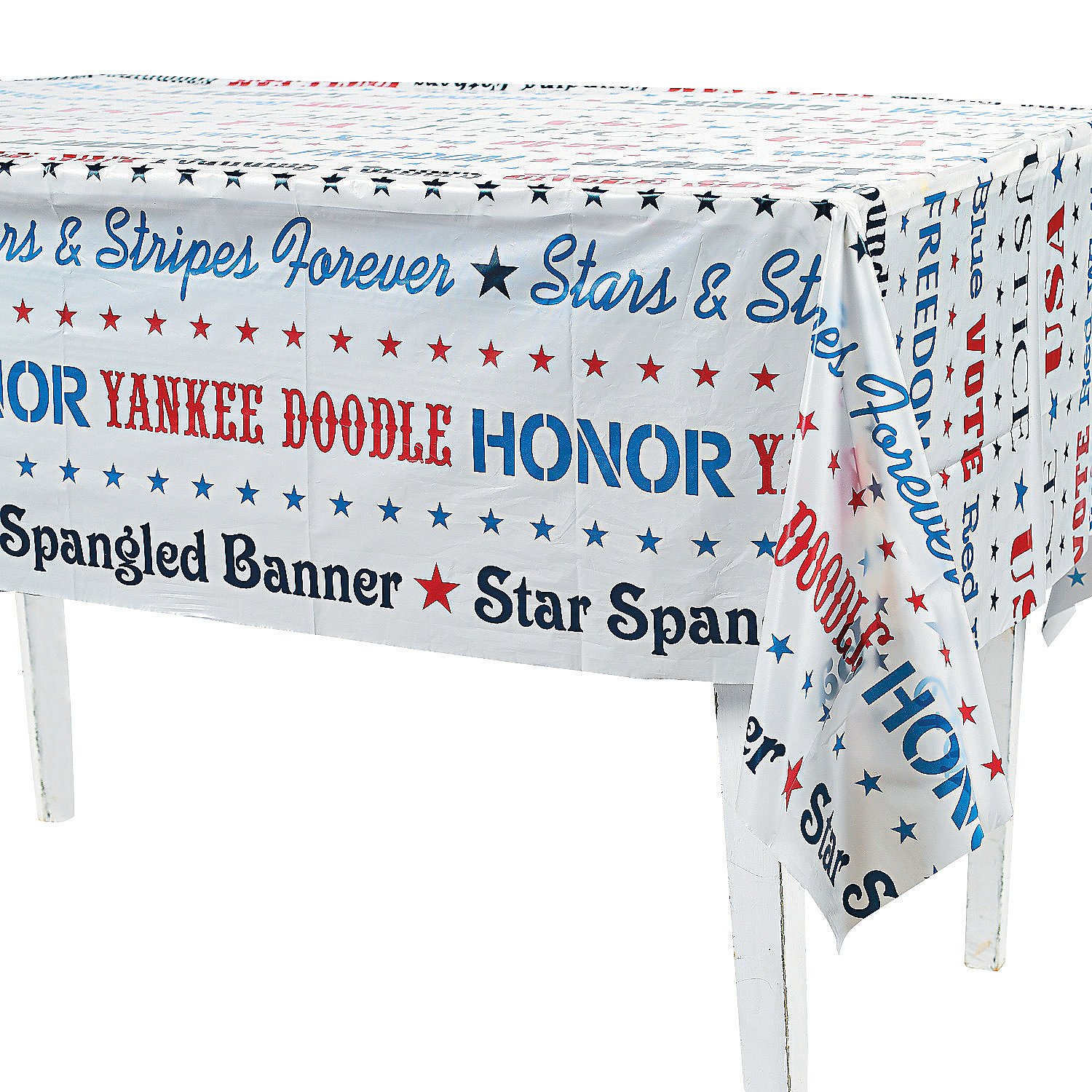 Fun Express Patriotic Word Table Cover - 1 Piece - Red White & Blue Party Decorations for 4th of July, Memorial Day & Independence Day Celebrations