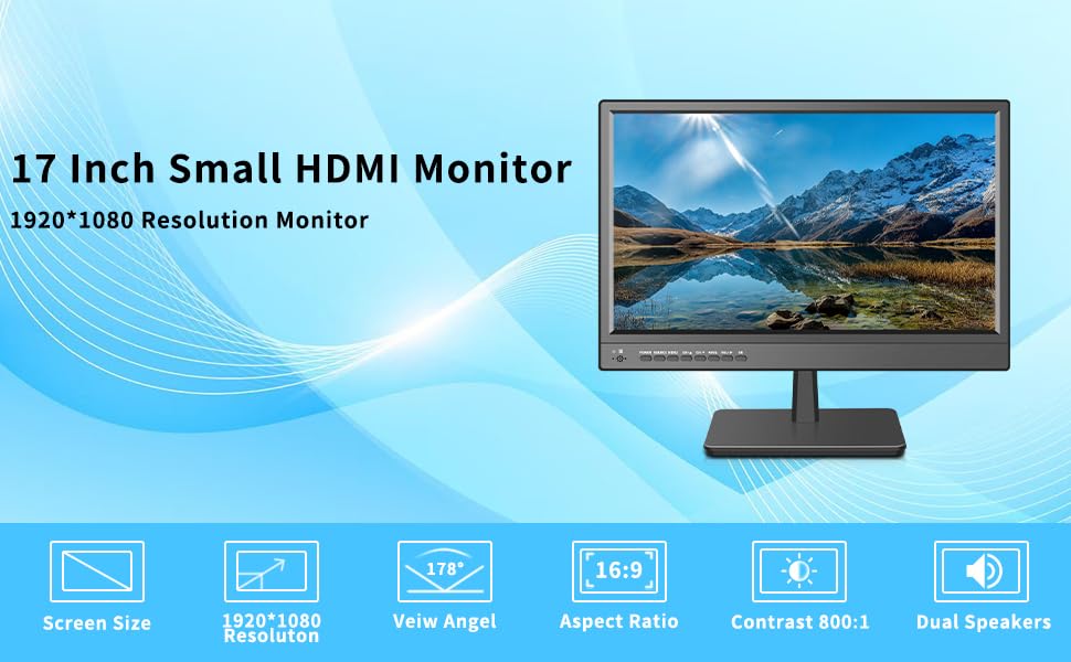 17 Inch Security Monitor with Wall Mount - Full HD CCTV Display with USB, AV/HDMI/VGA Inputs & Headphone Output - Built-in Speakers & Remote Control - Ideal for Home Surveillance, Office Security & Retail Monitoring Systems
