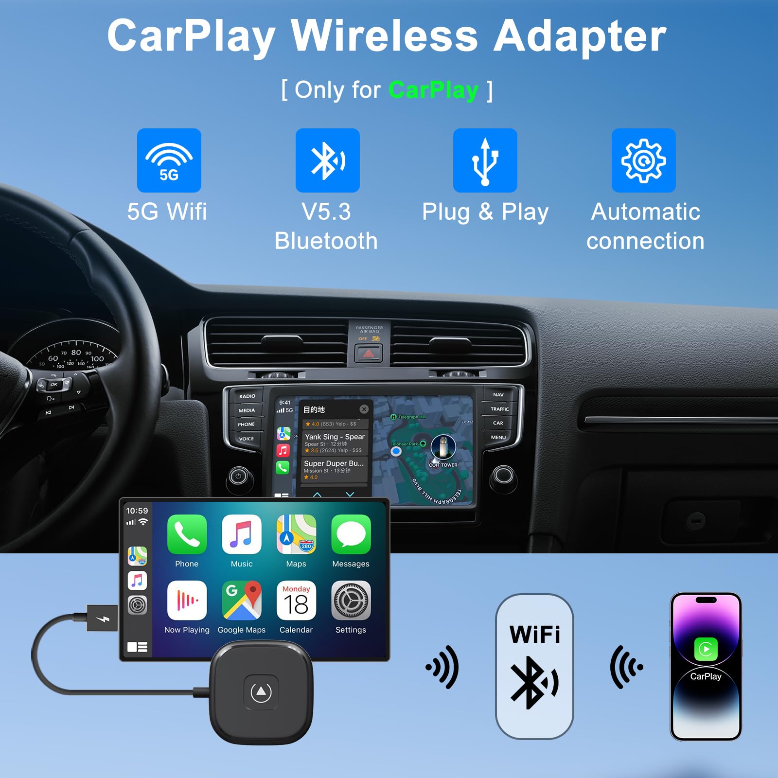 Wireless CarPlay Adapter for iPhone - Upgrade Wired to Wireless CarPlay Instantly, Plug & Play, Compatible with iOS - Perfect for Commuting, Road Trips & Hands-Free Driving