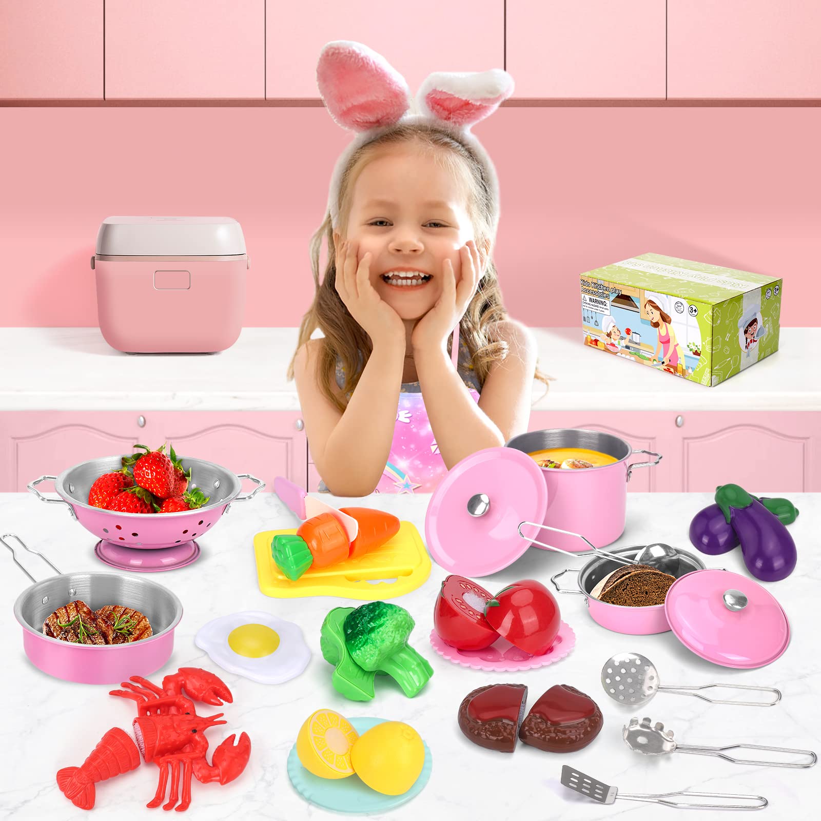 **Pretend Play Kitchen Toys for Kids - 24PCS Stainless Steel Cookware Set with Pots, Pans, Cutting Play Food & Apron - Educational Learning Gift for Girls & Toddlers Ages 3-6 - Perfect for Role Play, Birthday Gifts & Preschool Learning**