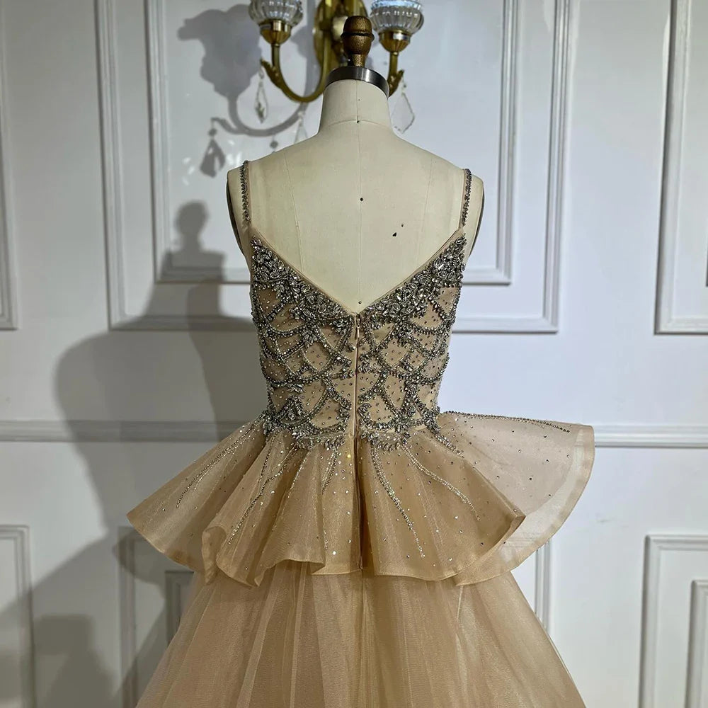 Luxury Dubai Nude Saudi Beaded Spaghetti Strap Evening Gown with Overskirt - Formal Dresses for Weddings, Prom & Special Occasions