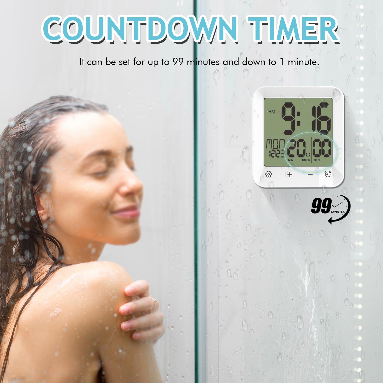 Waterproof Shower Clock with Touch Screen - Digital Bathroom & Kitchen Wall Clock with Temperature Display, Battery Operated, Suction Cup & Hanging Hole - Perfect for Bath, Shower, Sauna and Home Decor