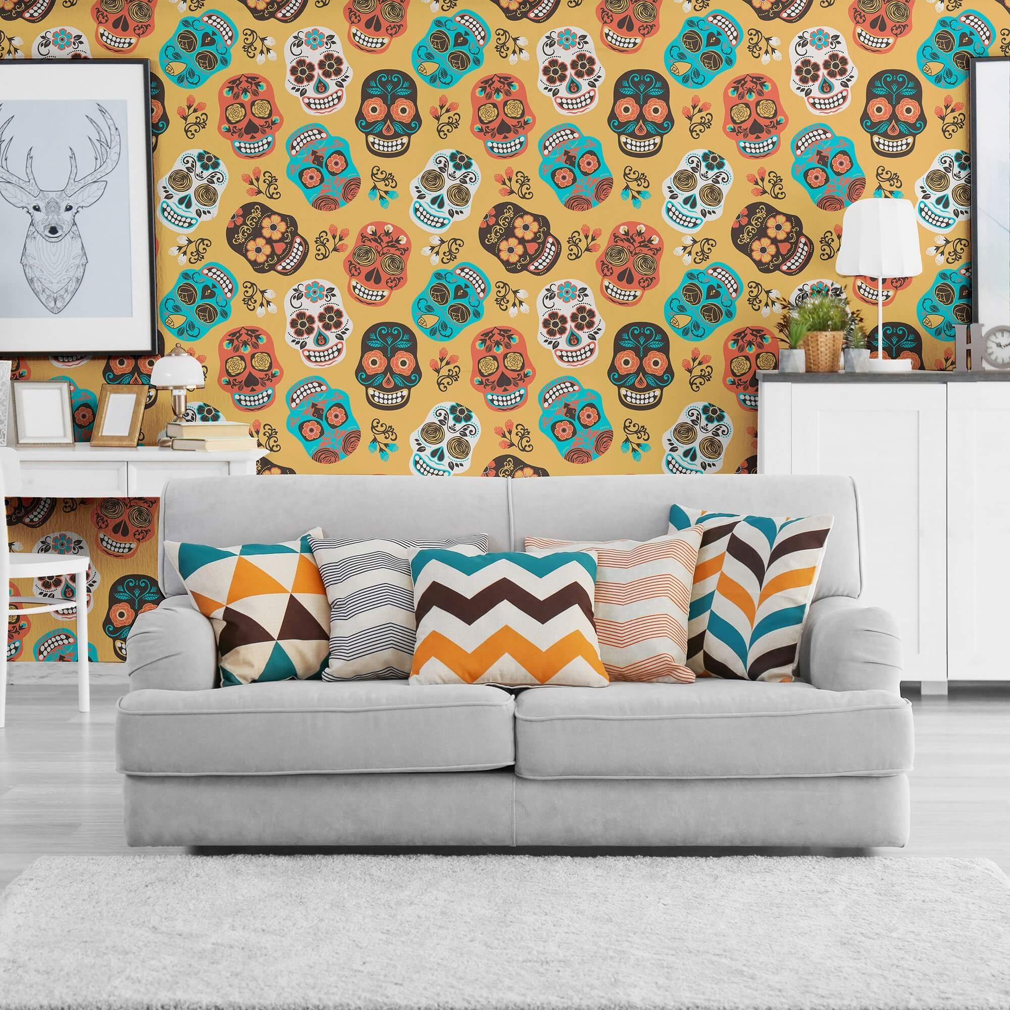 Orange and White Skulls Themed Peel and Stick Removable Wallpaper - Self-Adhesive Decorative Wall Covering for Bedroom, Living Room, or Office Decor