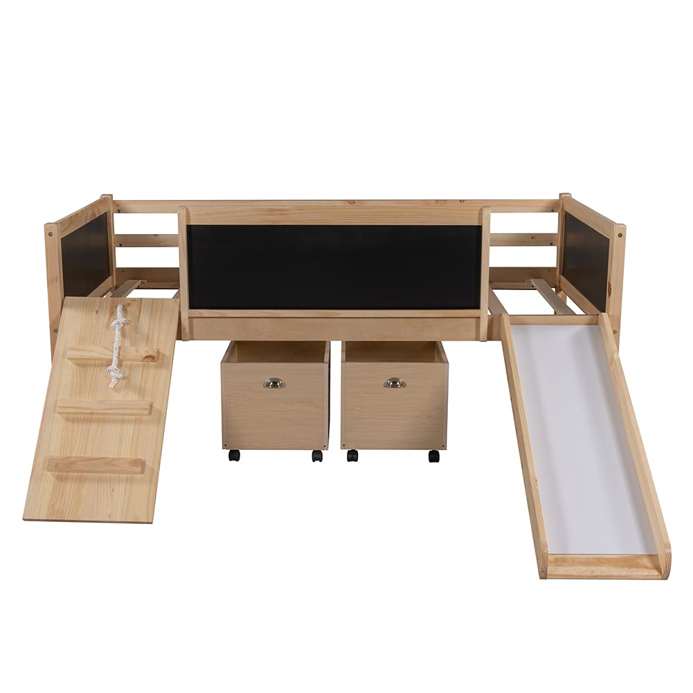 **Twin Size Wood Loft Bed for Kids with Storage & Slide - Low Loft Bed Frame, No Box Spring Needed (Natural) - Perfect for Small Bedrooms & Playrooms**