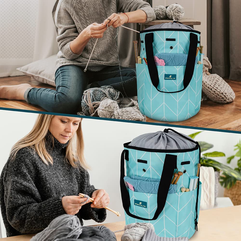 PAVILIA Crochet Yarn Bag Organizer with Grommets - Portable Knitting Storage for Crafters On The Go - Chevron Teal - Perfect Gift for Knitters & Crochet Lovers