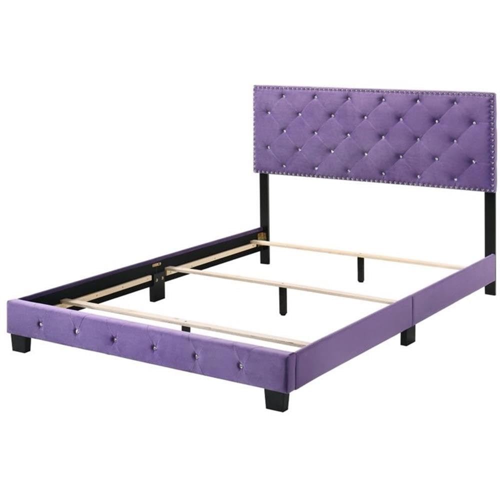 Glory Furniture Suffolk Velvet Upholstered Queen Bed Frame in Royal Purple - Luxurious Bedroom Centerpiece for Master Suite or Guest Room