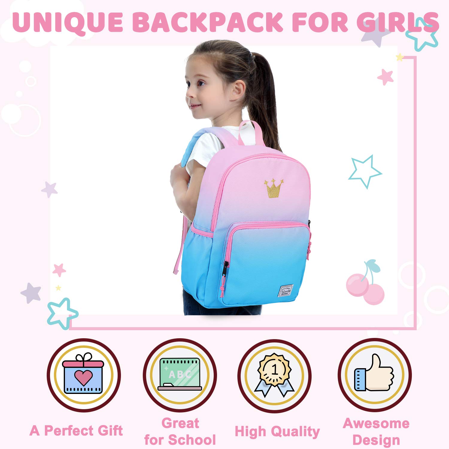 VASCHY Kids Backpack for Girls Ages 2-8 - Lightweight School Backpack with Adjustable Chest Strap for Kindergarten, Elementary, Travel & Outdoor Adventures | Perfect Gift for Toddlers & Little Girls
