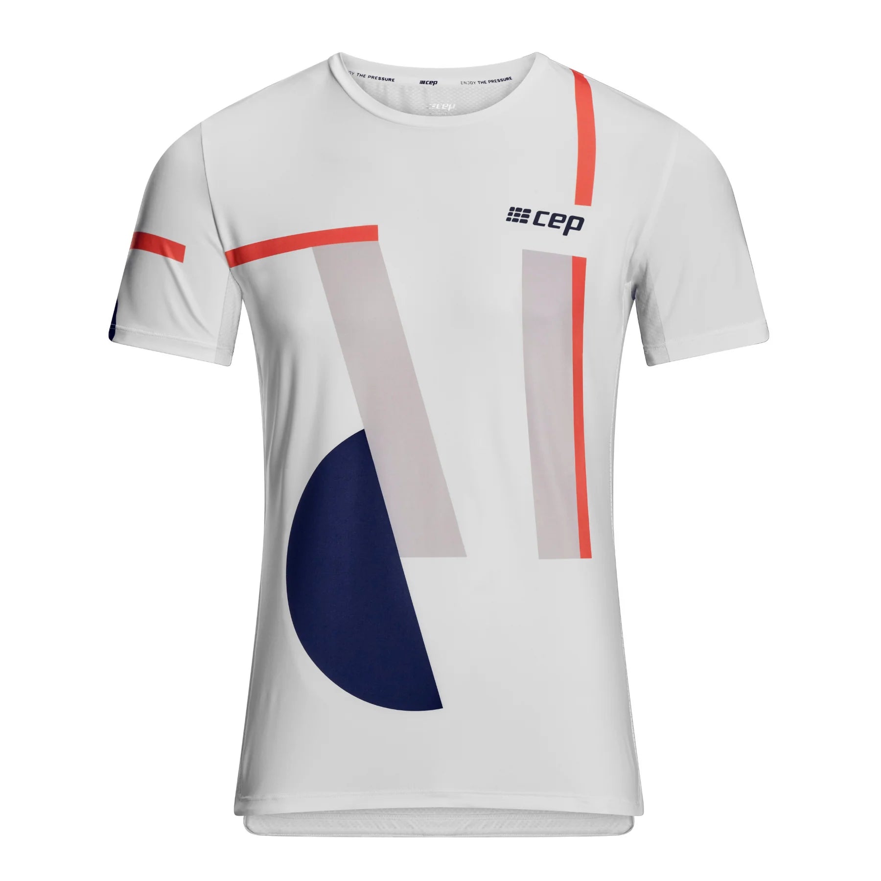 CEP Men's Performance Running Shirt - Moisture Wicking Round Neck Short Sleeve Athletic Top (White/Geometric Print) - Ideal for Jogging, Gym Workouts & Outdoor Sports