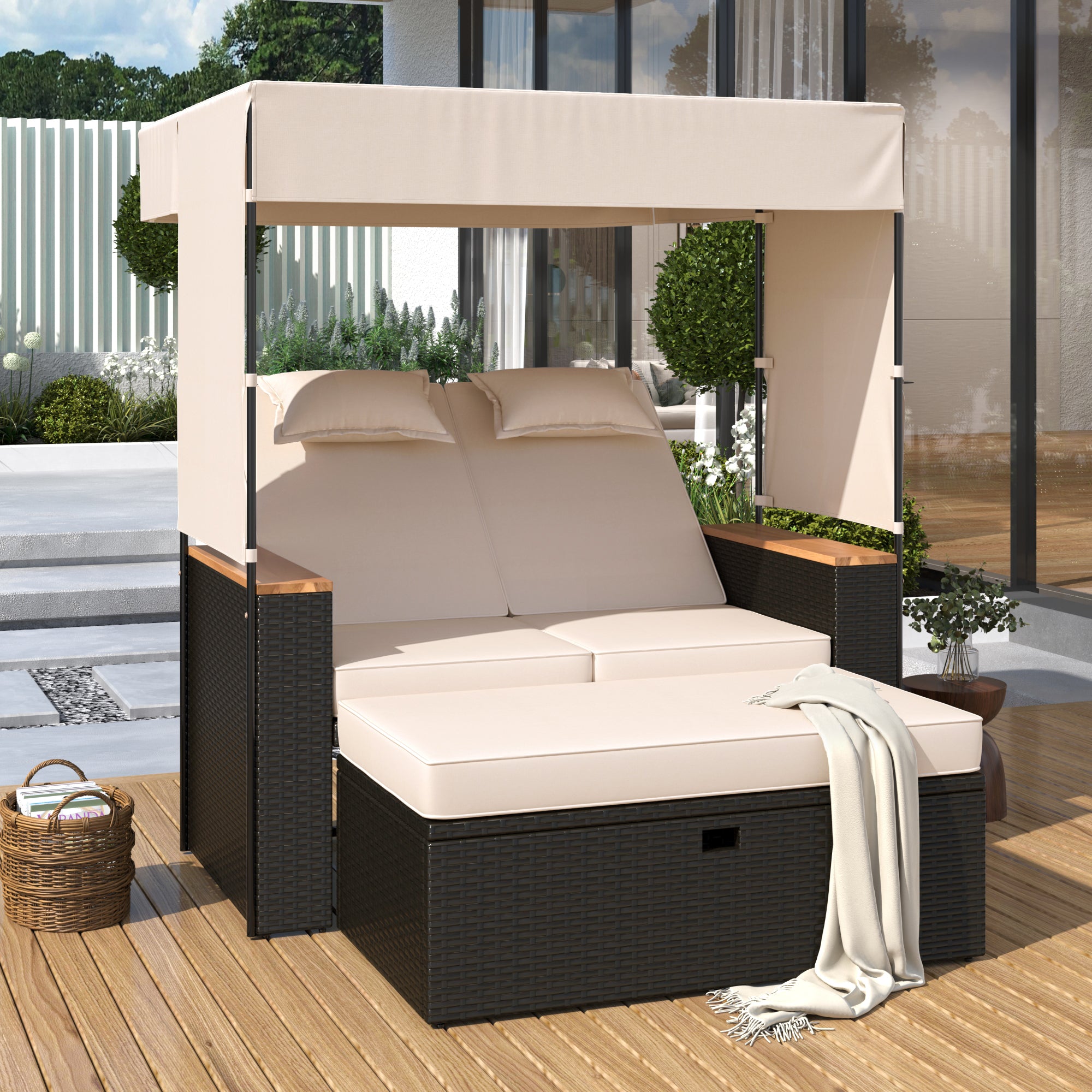 2-Piece Outdoor Rattan Daybed with 5 Adjustable Positions - Patio Loveseat Sofa Set for Poolside, Garden, or Backyard Relaxation