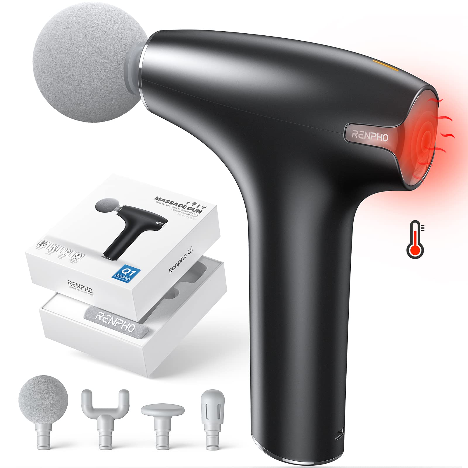RENPHO Lite Mini Massage Gun with Heat - Deep Tissue Percussion Muscle Massager, Super Quiet & Portable, USB-C Charging - Perfect for Athletes, Gym Recovery, Pain Relief & Relaxation - Great Gift for Mom, Dad, Fitness Enthusiasts