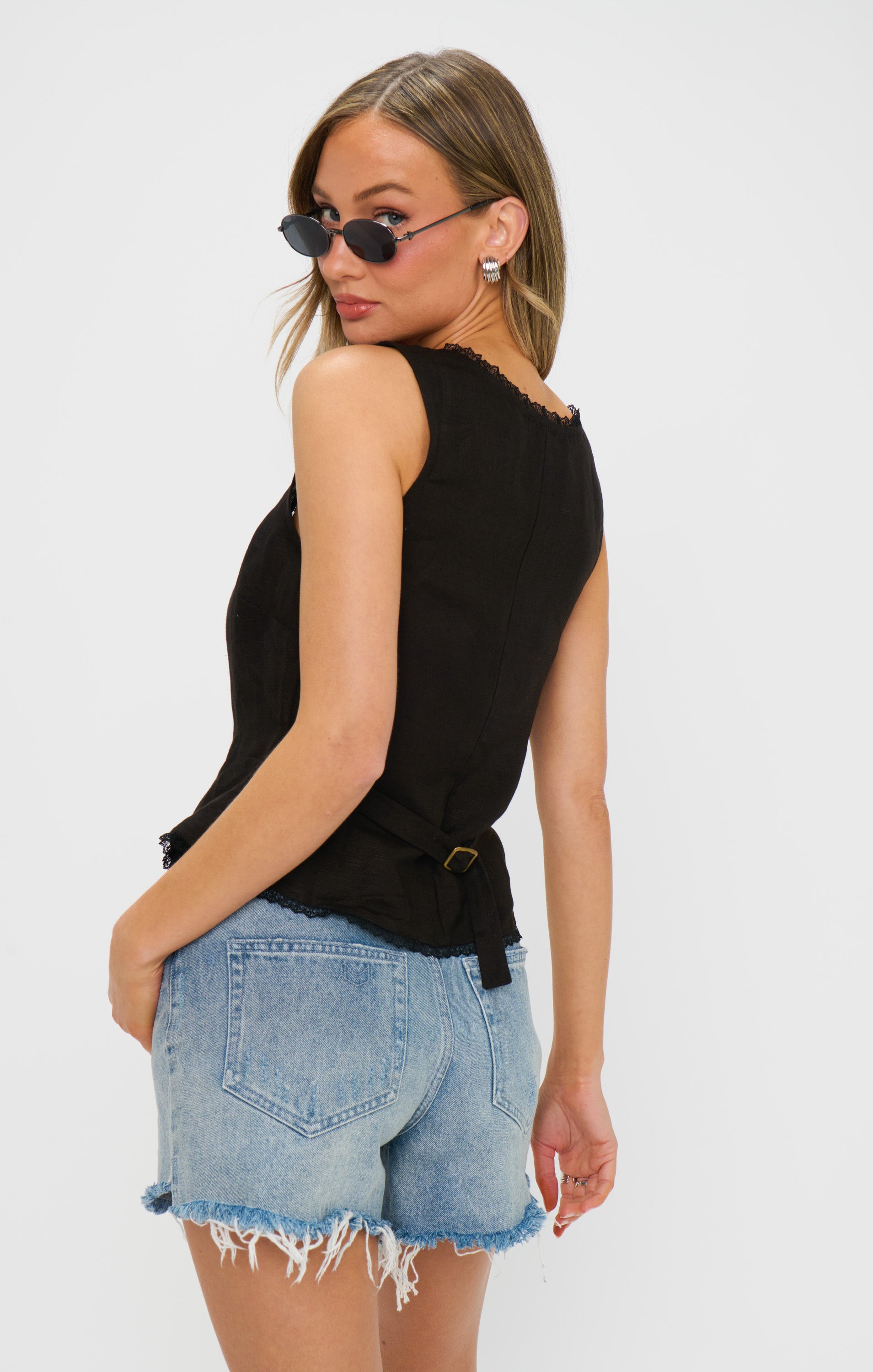 Black Linen Mimi Top - Women's Casual Short Sleeve Blouse for Summer Outfits, Beach Wear & Date Nights