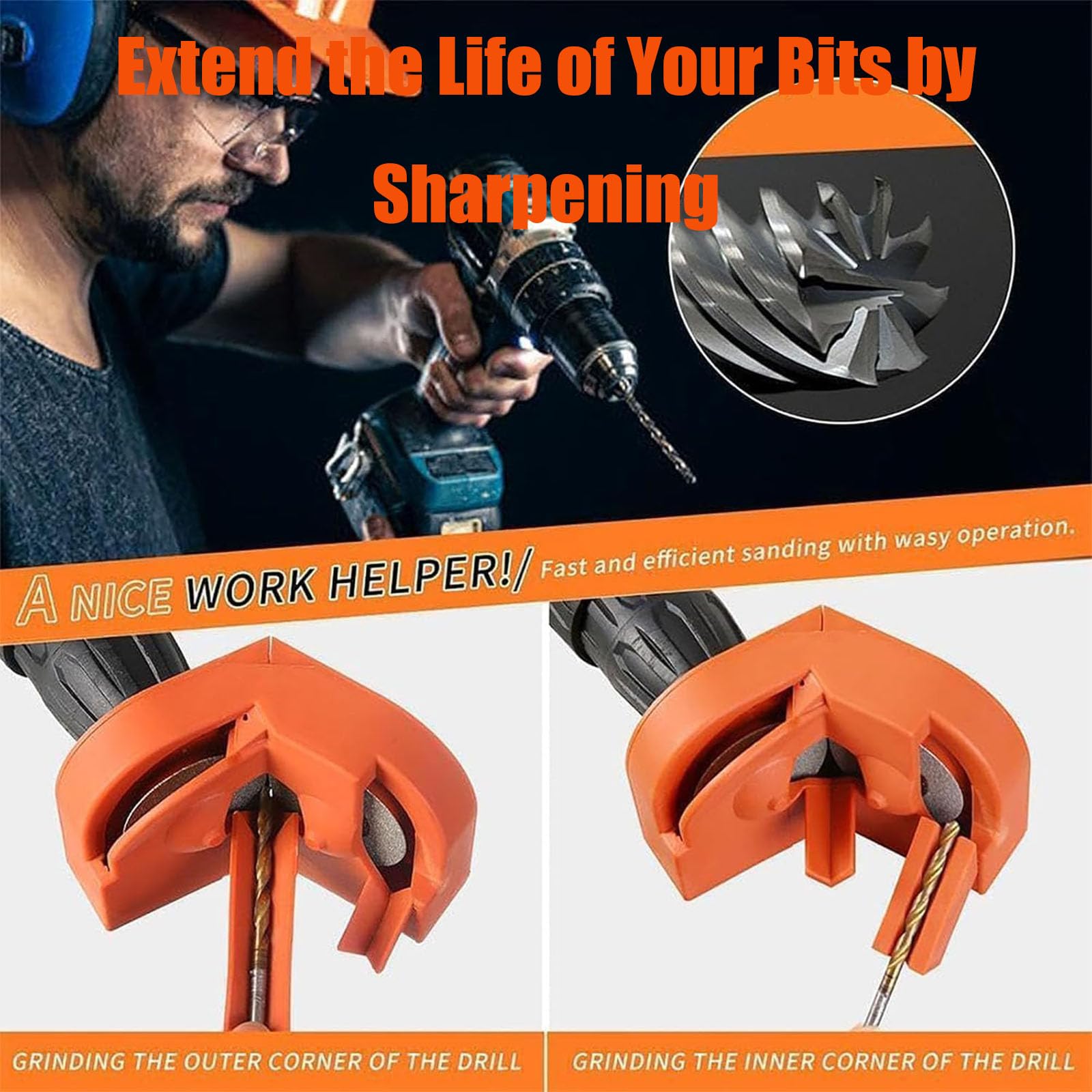 Buehaodget Drill Bit Sharpener - Multipurpose Grinding Tool for All Drill Bits, Portable Sharpener for Metal, Wood & Masonry Bits (Orange) - Perfect for DIY, Woodworking & Home Improvement Projects